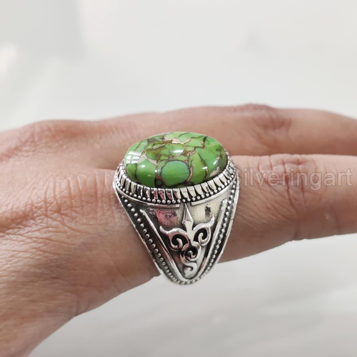 Green Copper Turquoise Mans Ring, Natural Green Copper Turquoise, Silver Jewelry, 925 Silver Ring, Birthday Gift, Heavy Mens Ring, Arabic Design, Ottoman Style Ring, Christmas, Turkey Mens Signet Ring