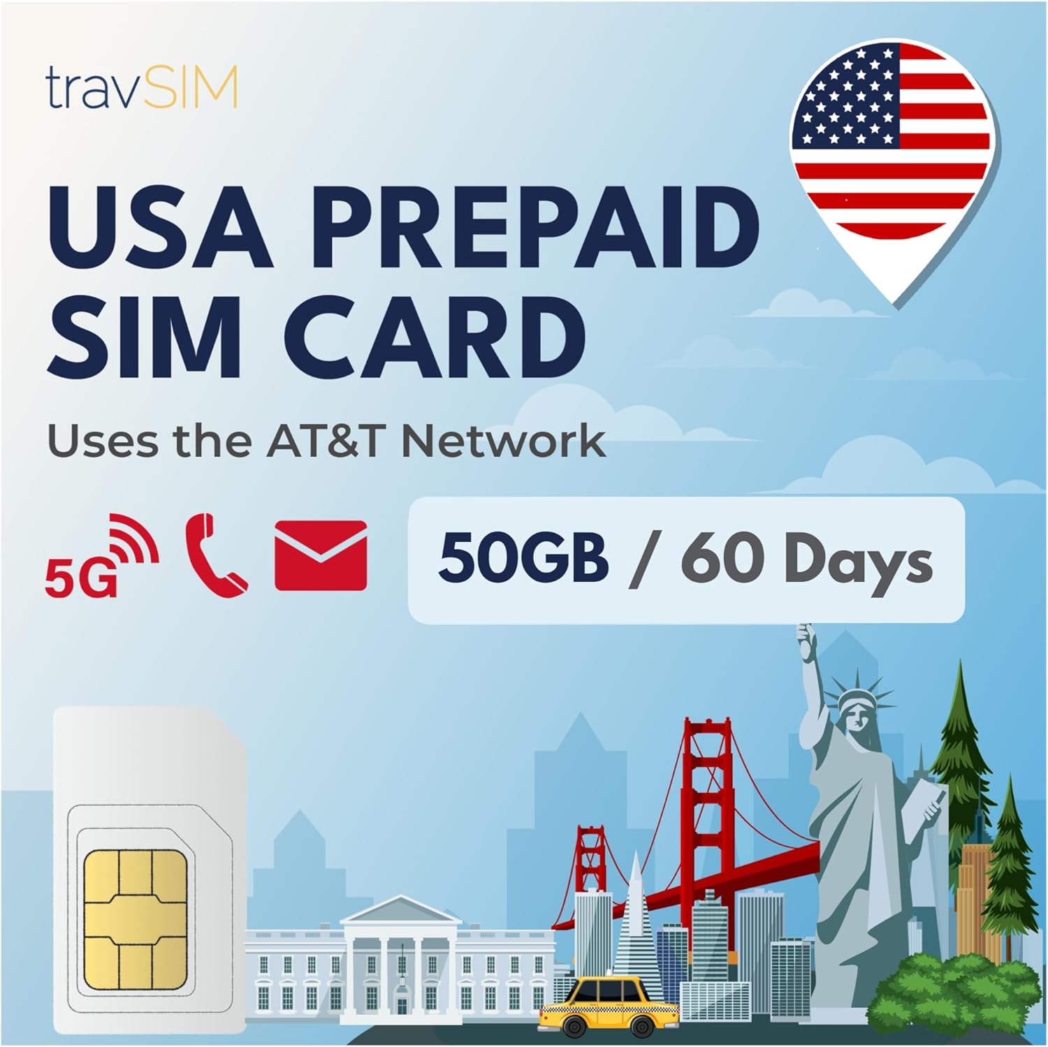 travSIM Prepaid SIM Card USA | Unlimited Data, Calls & Texts in USA | US Mobile SIM Card USA Uses the AT&T Network | US Mobile Works in All 50 States Except Alaska | Prepaid SIM Card 60 Days