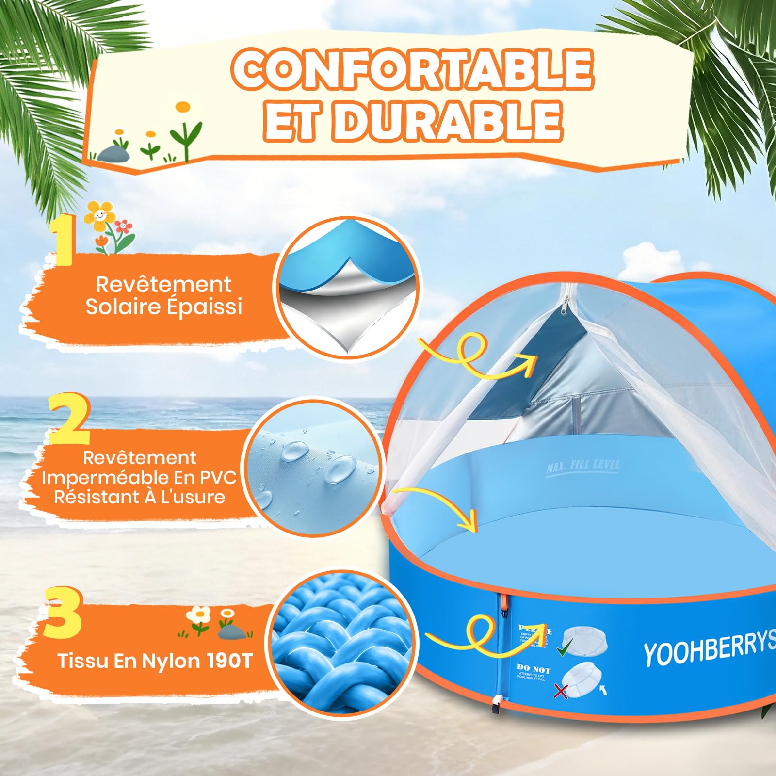 YOOHBERRYS Piscine Bebe avec Pare Soleil 4 en 1, Tente Anti UV Bébé FPS 50+, Tente de Plage Bebe avec Moustiquaire, Pop-Up Piscine de Plage, Petite Piscine Bebe pour Pique-Nique Jardin Plage