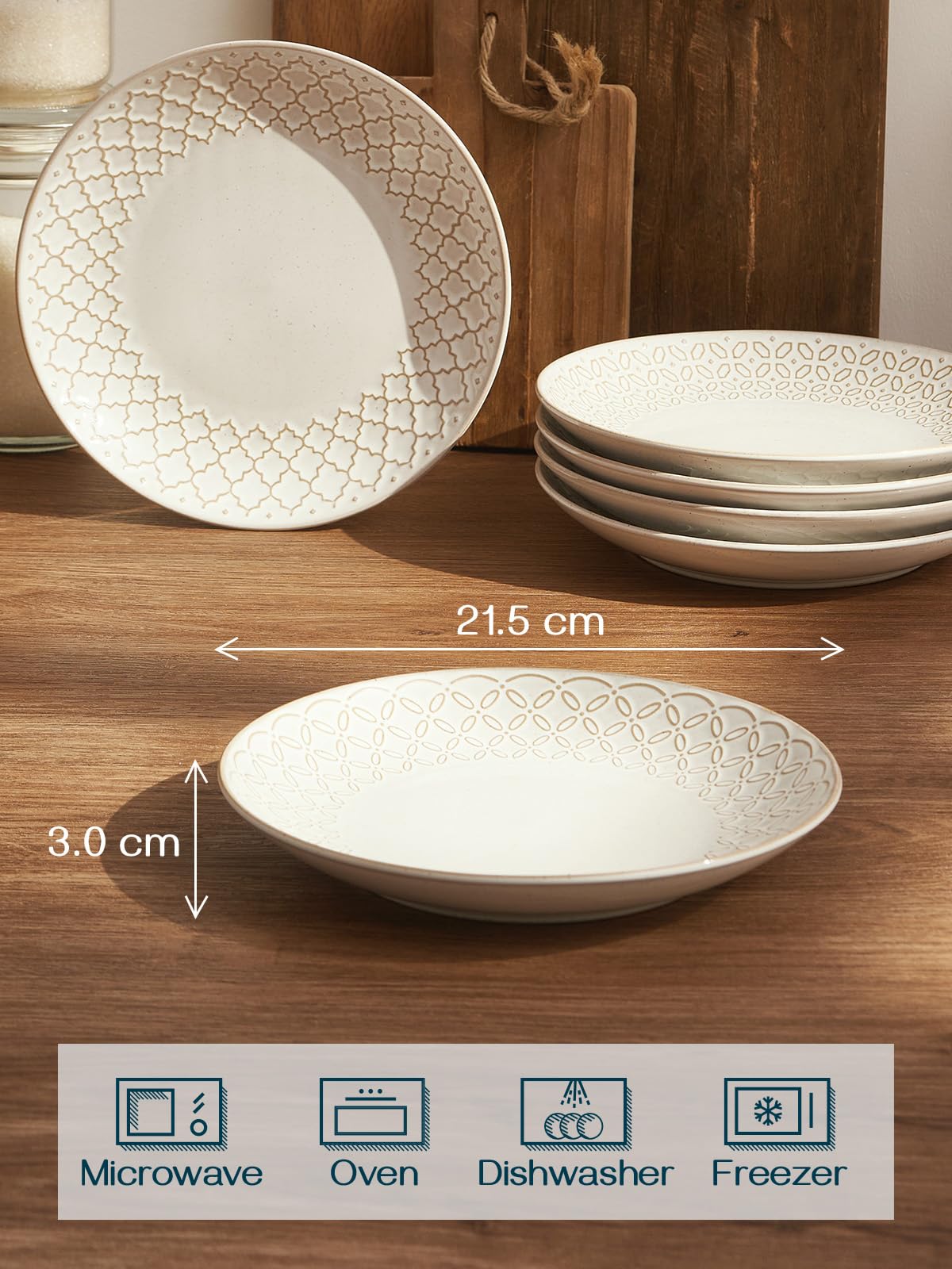 DOWAN Piatti da Dessert, Φ21.5 cm Piatti da Insalata in Gres, Piatti Piani con Rilievi per Antipasti, Pranzo Leggero, Sushi, Resistenti ai Graffi, Regalo | Vintage Bianco