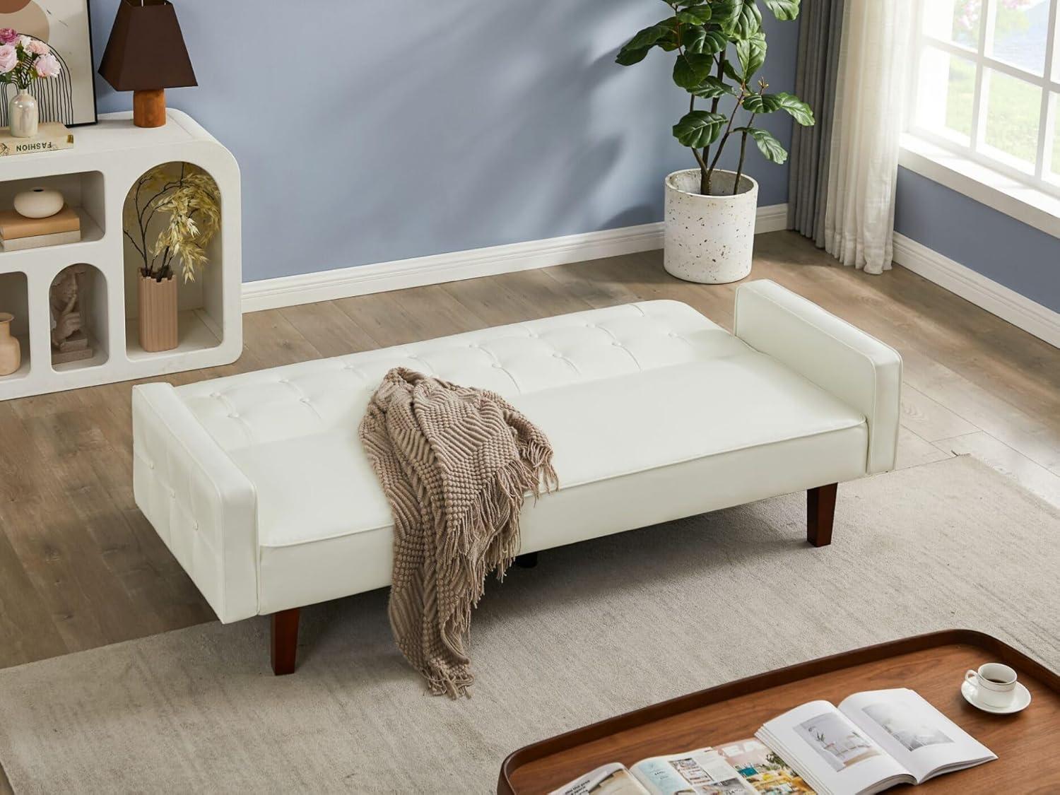 i-POOK 74.4" Convertible Futon Sofa Bed, Modern PU Leather Futon Couch with 3 Positions Adjustable Back and 5 Wood Legs, Button Tufted Loveseat Sleeper Couch for Living Room, Office, White