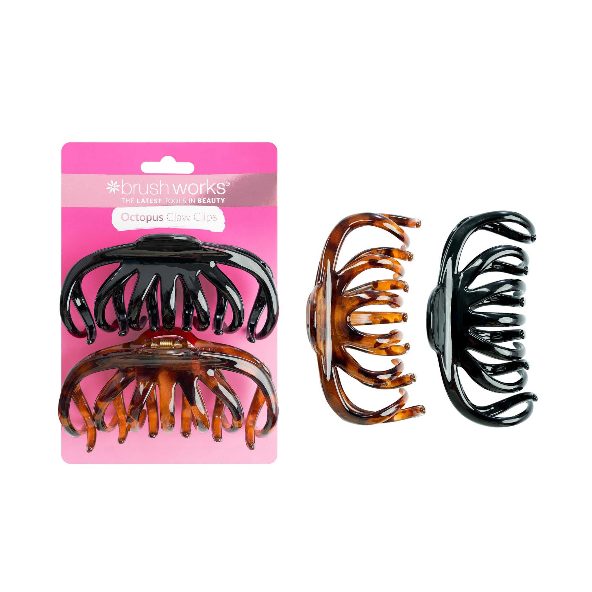 Brushworks Octopus Claw Clips – 2 Pack Strong Hold Hair Clips for Thick Hair, French Twist Updos & Half Up Hairstyles (Black & Tortoiseshell)