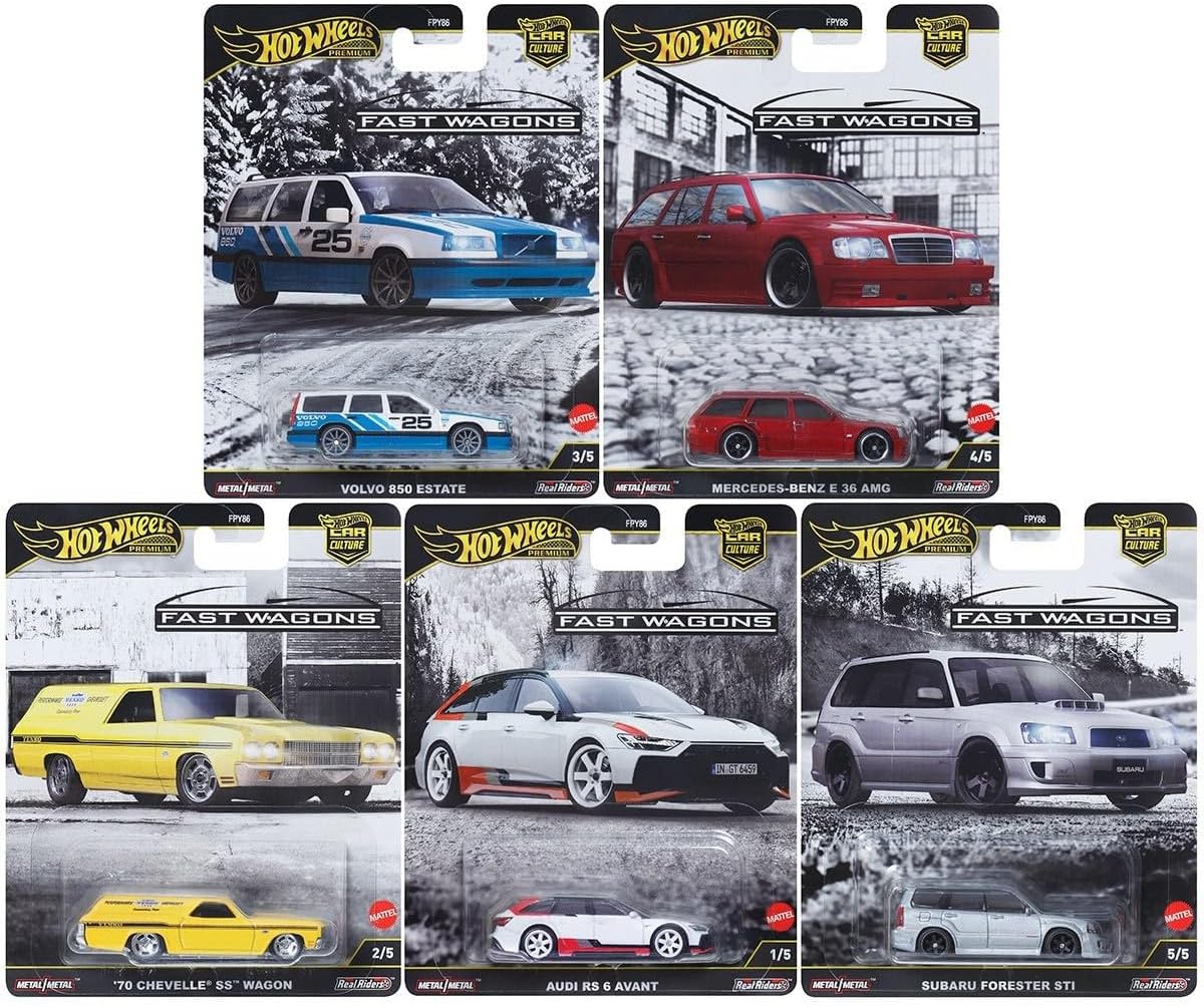 1:64 Scale Diecast Model Car Compatible with Hot Wheels Premium Car Culture Fast Wagons J Case Set of 5 Cars, FPY86-961J
