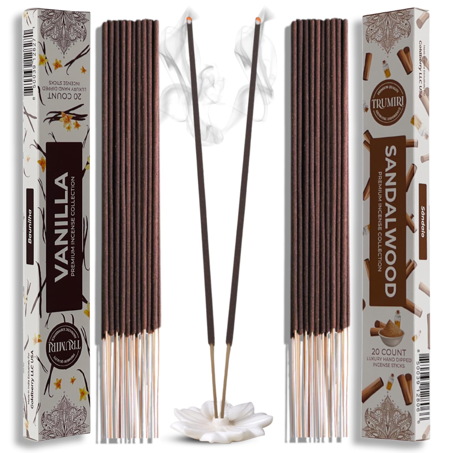 TRUMIRIIncense Sticks - Combo Pack of 40 Insence-Sticks - 20 Vanilla + 20 Sandalwood - Insenses - Insents - Incents - Inscense - Incence - Incienso - All Natural Incense Sticks