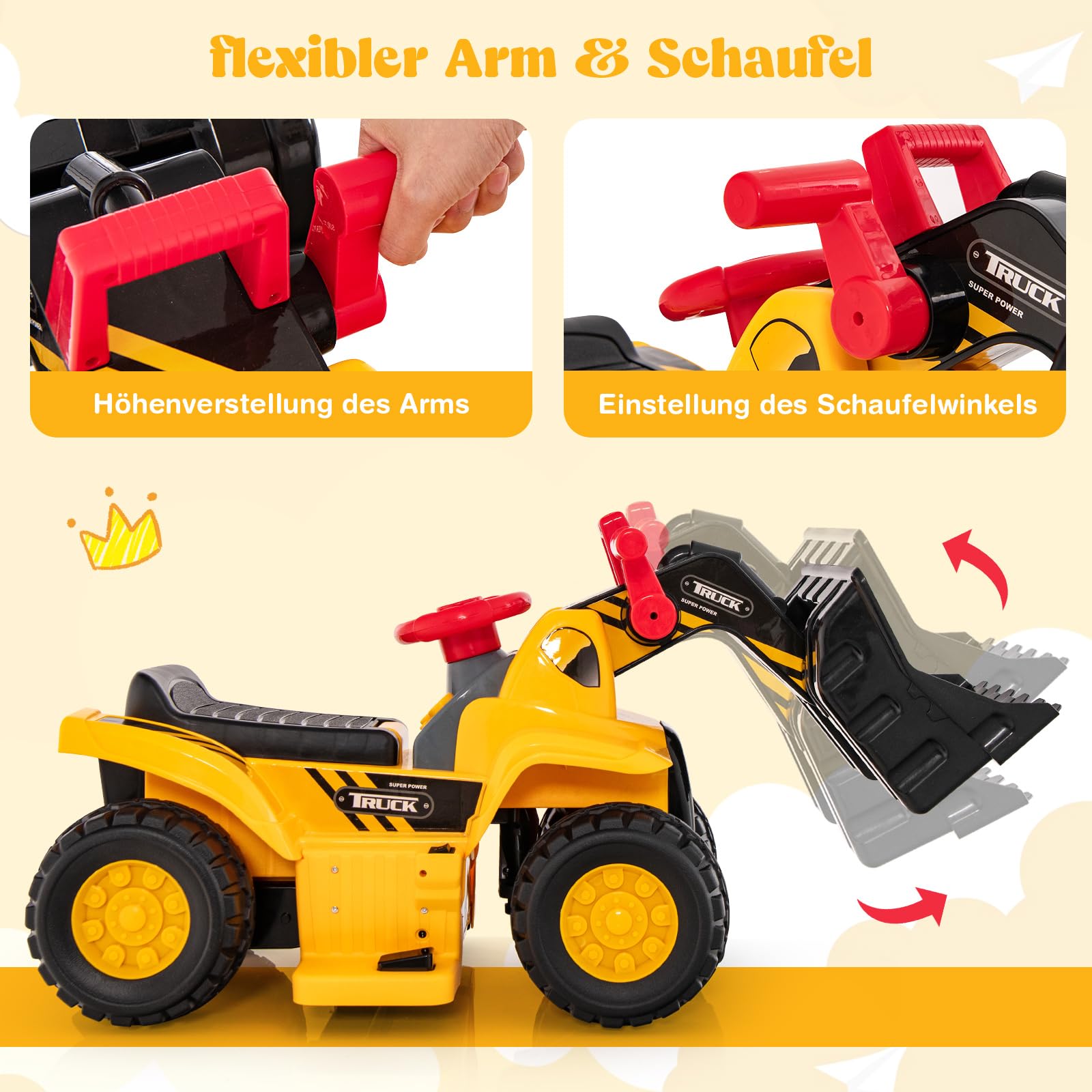 COSTWAY Sitzbagger, Kinderbagger elektrisch mit verstecktem Stauraum & Basketballkorb & 4 Sound-Tasten & 3 Bällen, Bagger zum draufsitzen, Sandbagger Aufsitzbagger für Kinder ab 2 Jahren