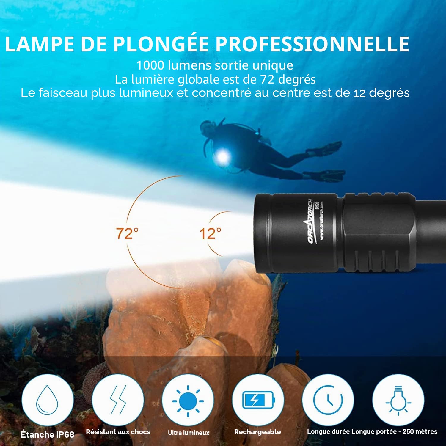 ORCATORCH D520 Lampe de Plongée Rechargeable, 1000 Lumens Lampe de Plongée Sous Marine, IPX-8 Torche de Plongée, Lampe de Poche Batterie étanche à 150 M