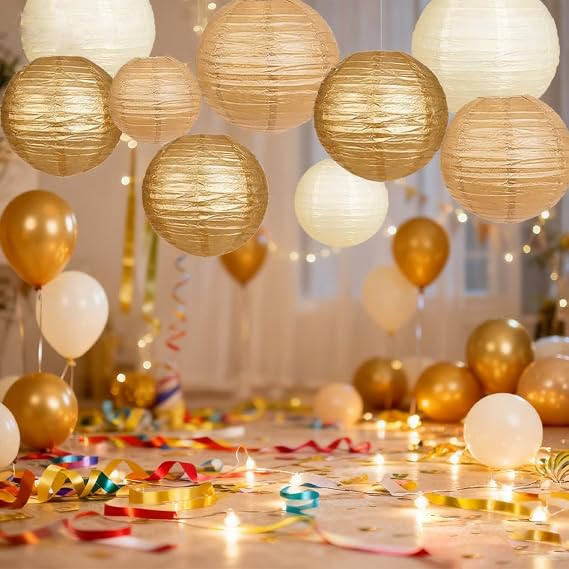 12pcs Gold Cream and Khaki Paper Lanterns,Hanging Paper Lanterns for Bridal Shower Rustic Boho Birthday Wedding Home Decor Party Decoration
