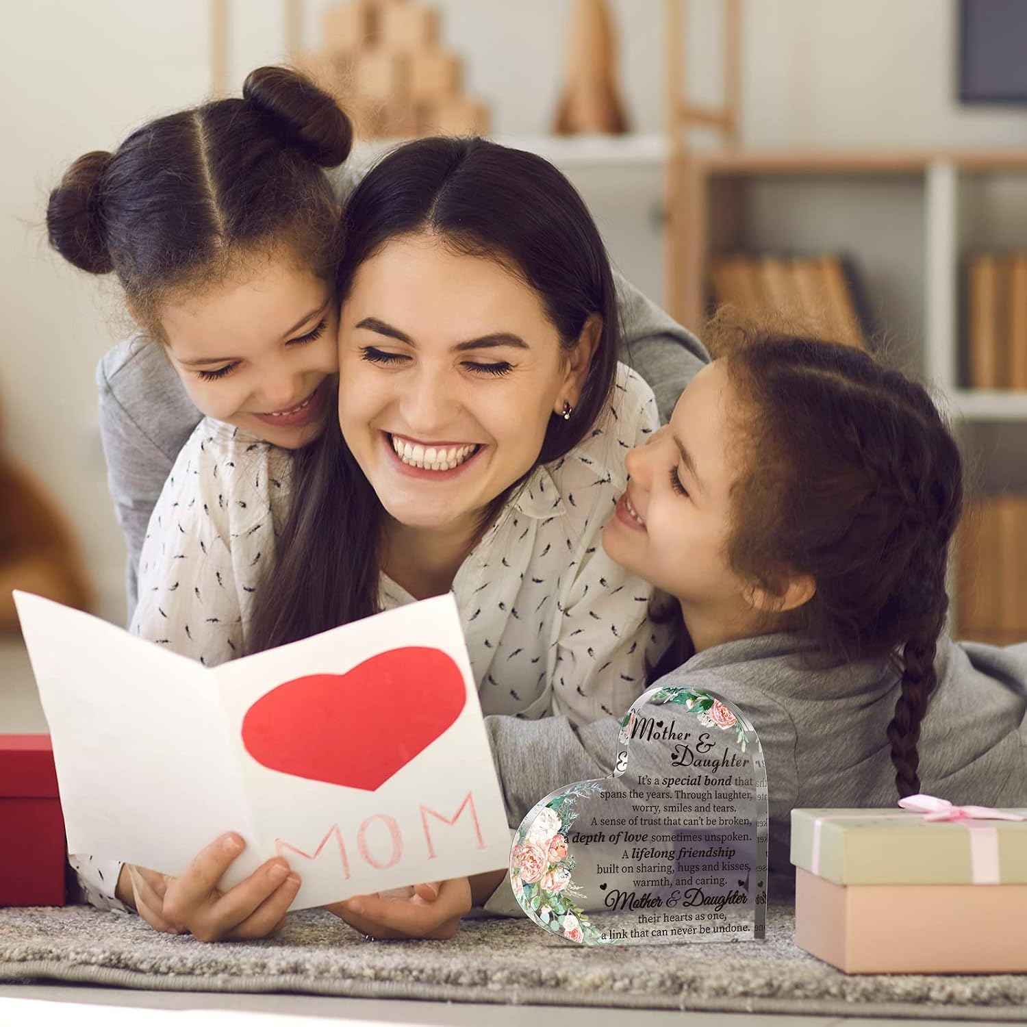 Jetec Gift for Mom from Daughter Son Christmas Acrylic Heart Shaped Block for Moms Heart Plaque Sign for Grateful Mother‘S Day Birthday Thanksgiving Gift Ideas(Mom and Daughter Flower)