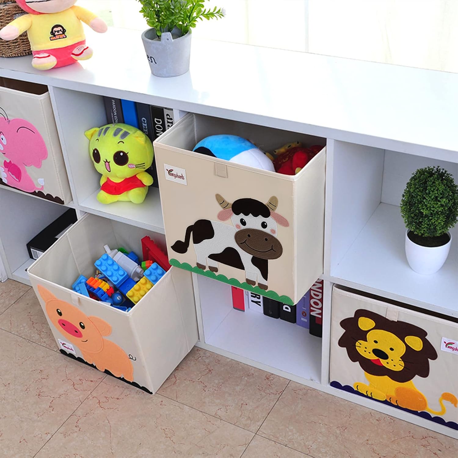 2 Pcs Toy Storage Box, 13 x 13 x 13 Inch Foldable Cube Storage Bins, Collapsible Fabric Animal Toy Bins Chest Basket for Kids Baby Toddlers Organizer (Cow & Pig)