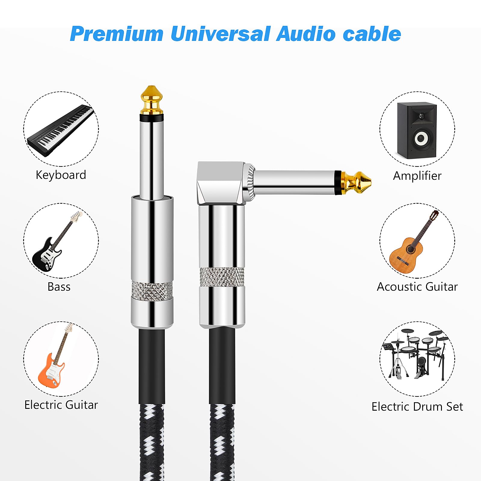 Kabel gitarowy, kabel do instrumentu gitarowego, kabel do gitary basowej, przewód do gitary 3 m, prosty zakrzywiony kabel audio 6,35 mm do różnych instrumentów muzycznych, gitar elektrycznych,