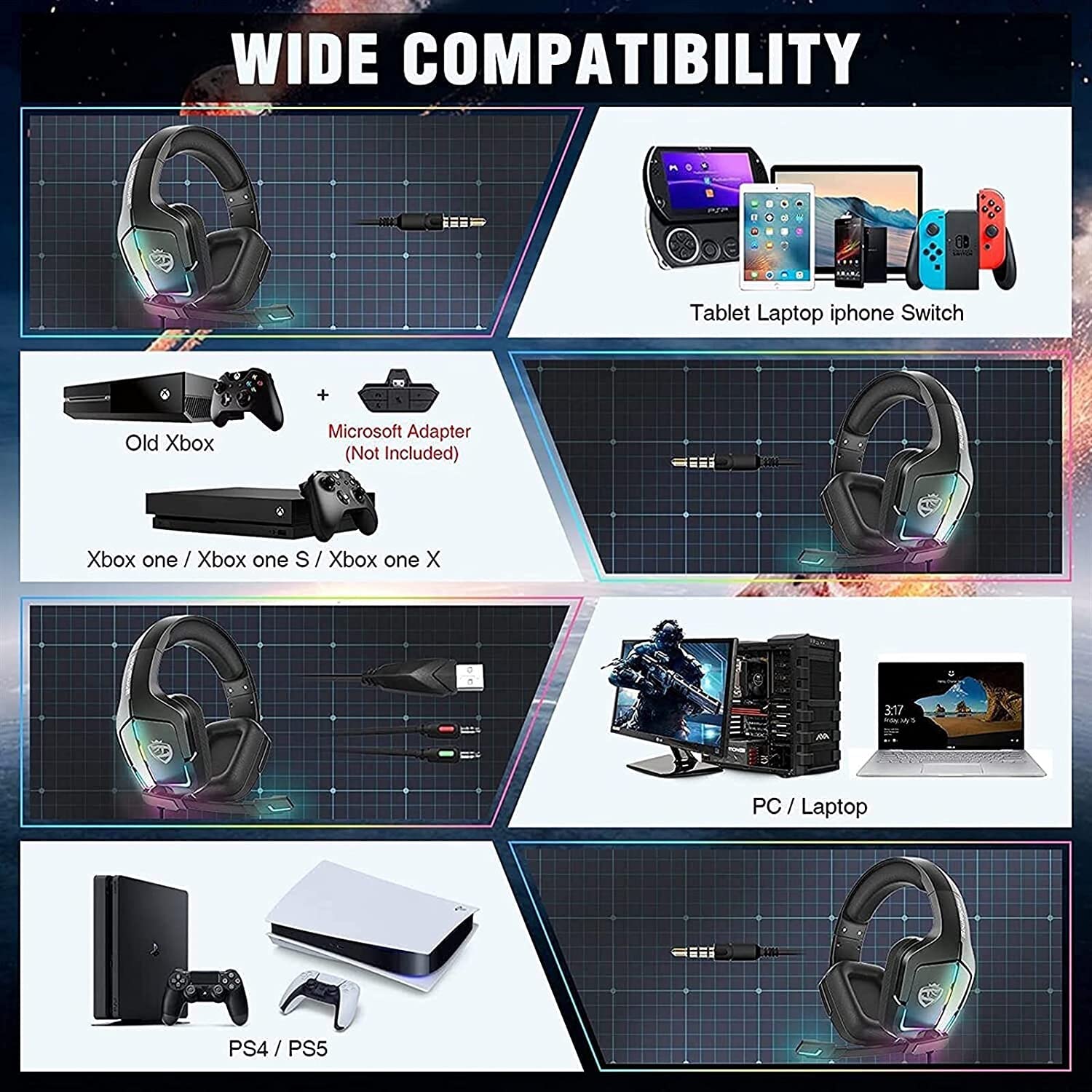 RajoNN Auriculares para Juegos PS4 Auriculares Xbox One con Sonido Envolvente 7.1, micrófono con cancelación de Ruido y luz LED, Compatible con Xbox One, PS3, PS4, PS5, PC