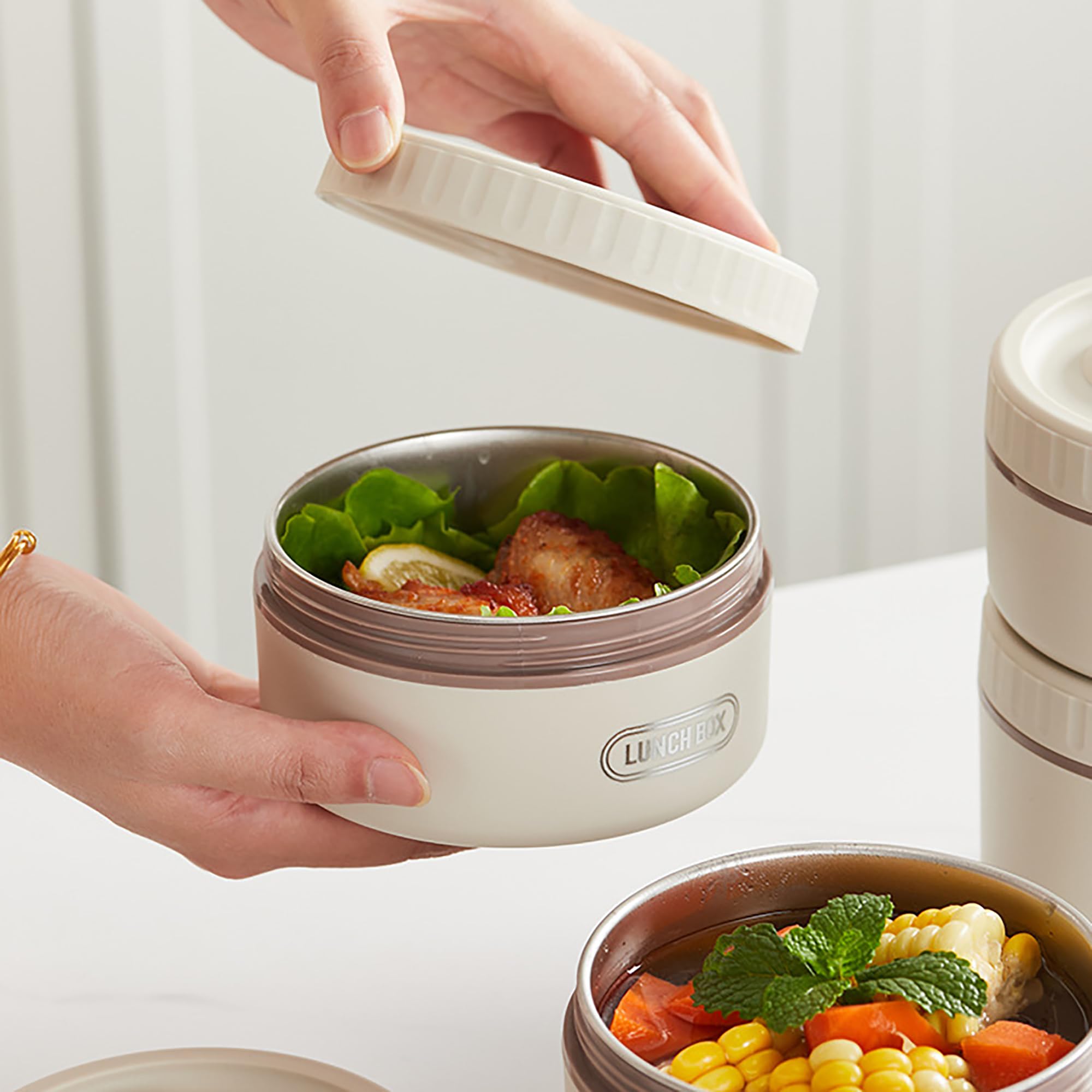 Thermobehälter Für Essen mit Gabel Löffel, Thermo-Lunchbox aus Edelstahl Mit Tasche, Tragbare Thermoschüssel mit Deckel, Essen Warmhalten Behälter für Zuhause, Büro,Beige-4 pcs