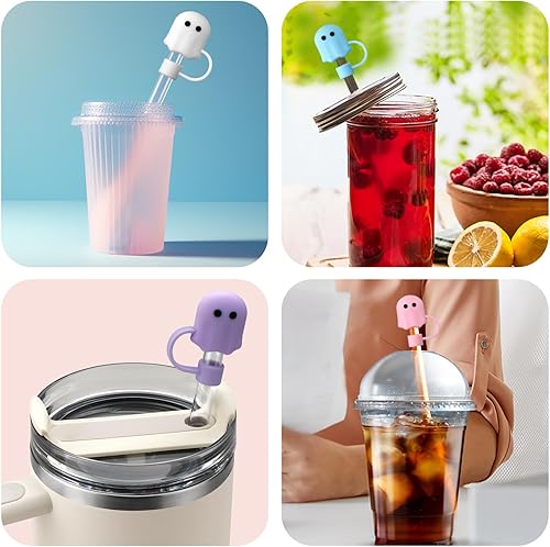 Miniatura 7 de Juego de 4 fundas de popote de silicona de Halloween para copa Stanley, bonito adorno de popote para vaso Stanley de 30 y 40 onzas, reutilizable a