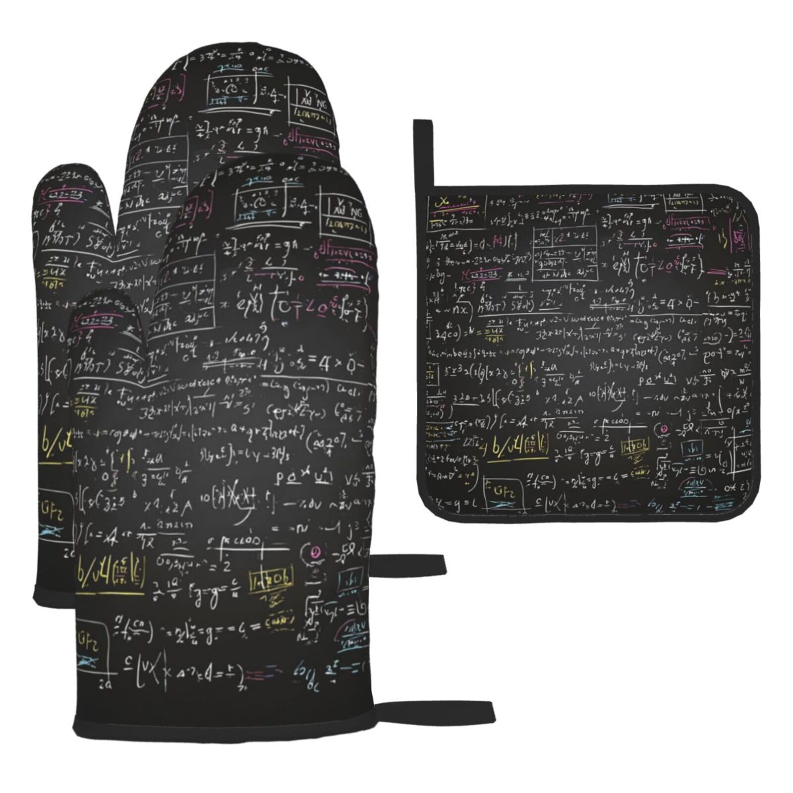 Oven Mitts and Pot Holders Set of 3 Heat Resistant Non-Slip Kitchen Gloves Hot Pads Math Formula Mittens Non-Slip Potholders for Cooking Baking Grilling BBQ