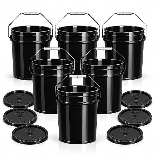 MKS Plastics 5-Gallon Bucket with Airtight Lid Black 6 Pack