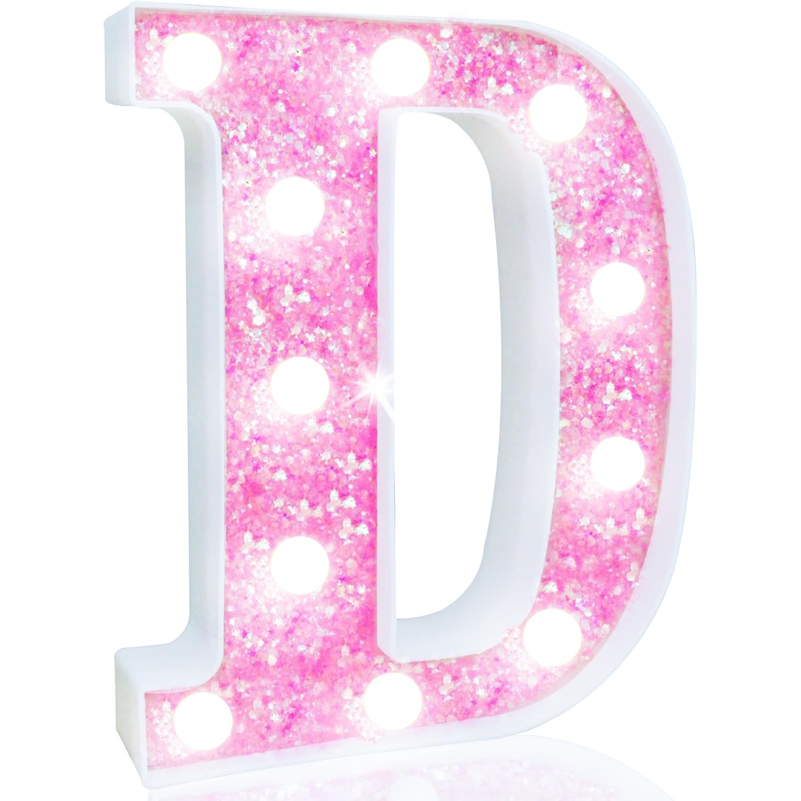 Pooqla LED Marquee Letter Lights, Light Up Letters Glitter Letter Sign Girls Gift, Battery Powered Night Light Pink Birthday Party Room Wedding Christmas Girls Bedroom Dorm Decoration, Cool White D