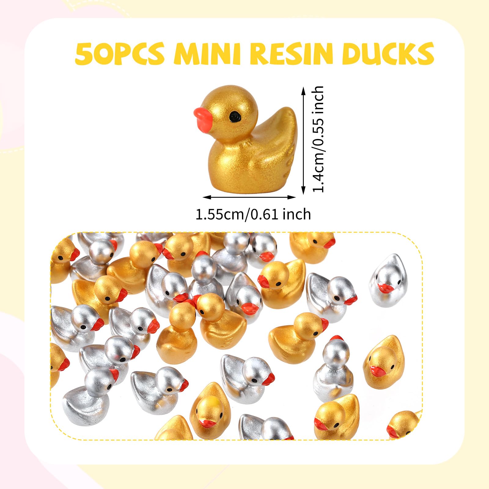 50 Sztuk Złoto & Srebro Mini Żywica Kaczka Figurki, Maleńkie Słodkie Miniaturowe Kaczki Posąg dla Wróżka Ogród Mikro Krajobraz Tort Topper DIY Dekoracja