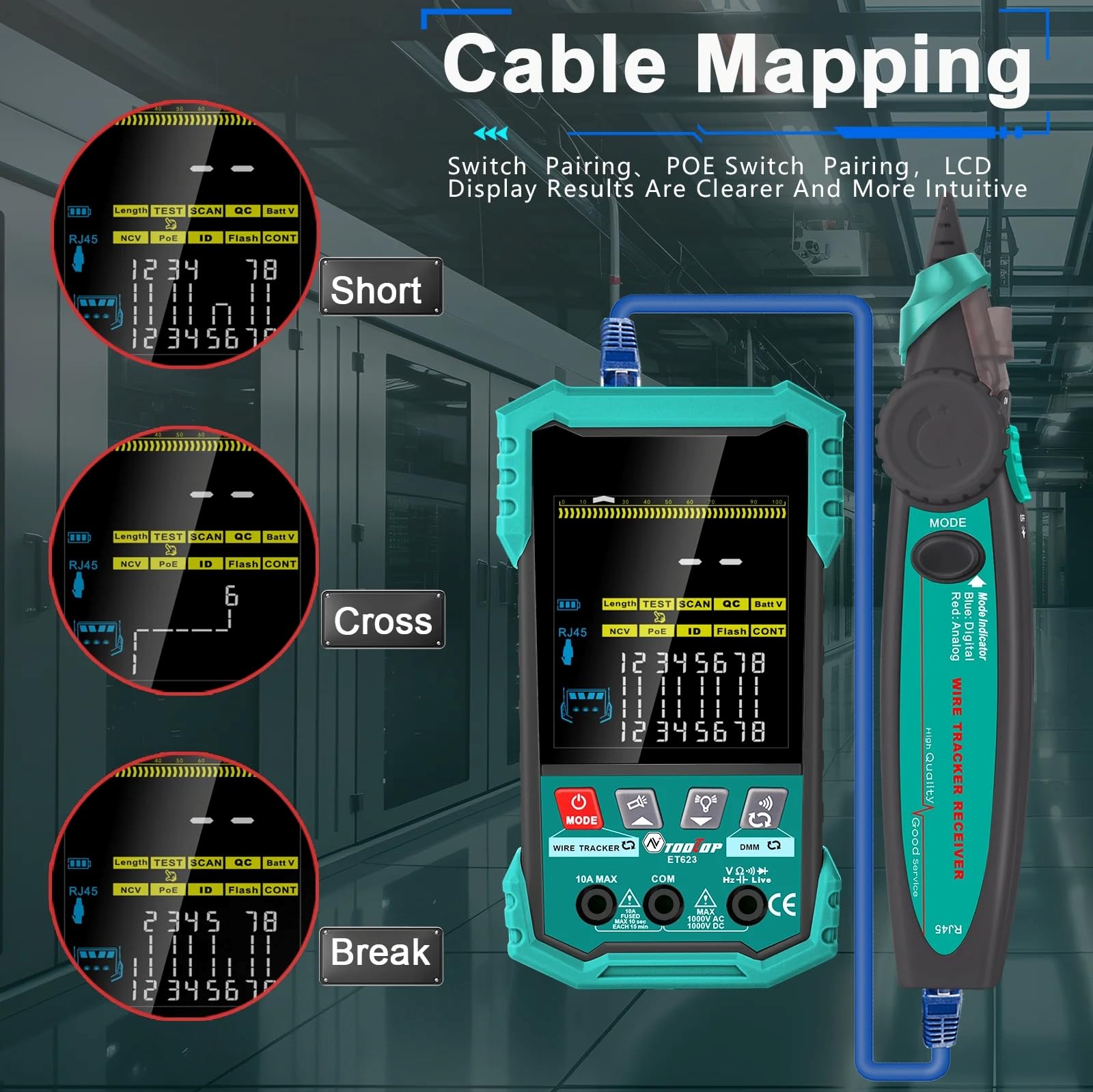 3.2-Inch Multifunctional 400M Network Cable Tester POE Test LAN Cable Mapping Multimeter NCV Telephone Line Tracker Tool(ET622 Without Multimeter function)