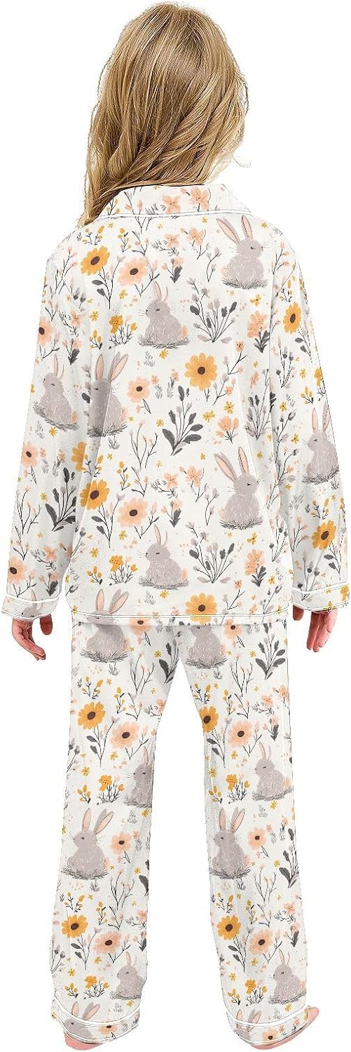 senya Rabbit and Sunflower O Satin Pajama Sets Long Sleeves Nightwear Button Down Sleepwear