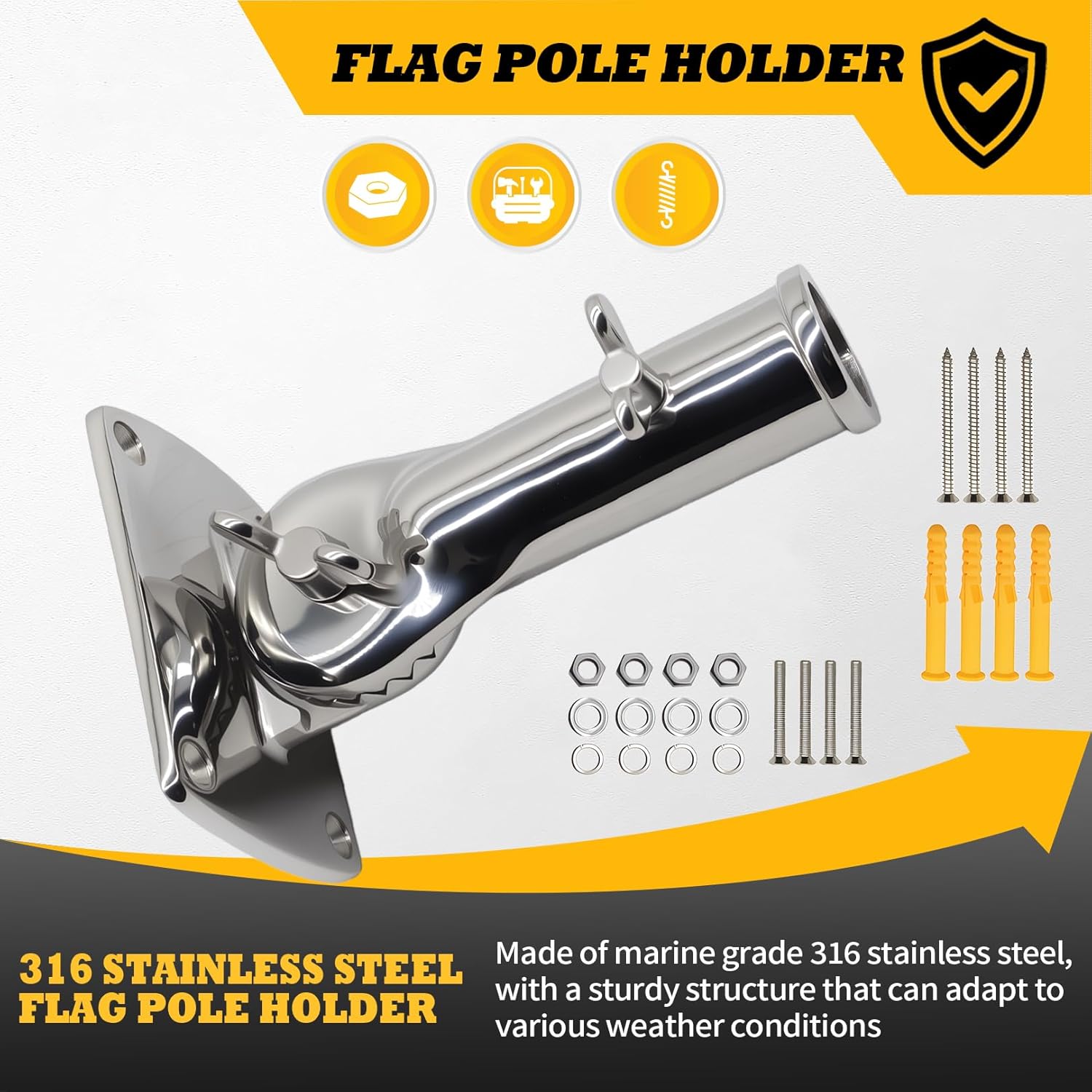 1 Inch Heavy Duty Flag Pole 316 Stainless Steel Holder Outdoor 180° Adjustable Flag Holder Flag Pole Mount - Image 3