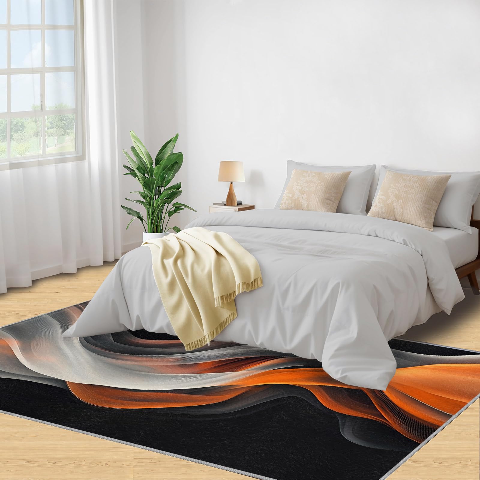 Tapis motif vagues abstraites pour salon, orange et gris, motif ligne fumée, antidérapant, lavable, pour chambre à coucher, cuisine, salle à manger, décoration - 160 x 230 cm