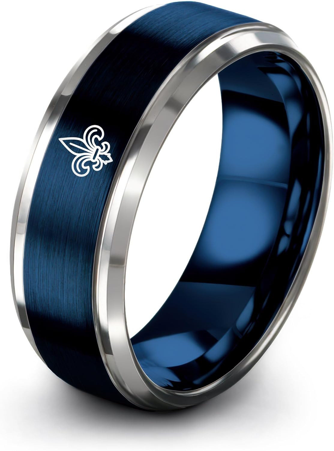 Fleur De Lis Crown Ring - Gift for Royalty Fan - Band - Anniversary Wedding - Men Women - Tungsten - Yellow Gold Black Silver Blue - Personalized Custom Engraving - 8mm - Brushed Polished - Flat Dome