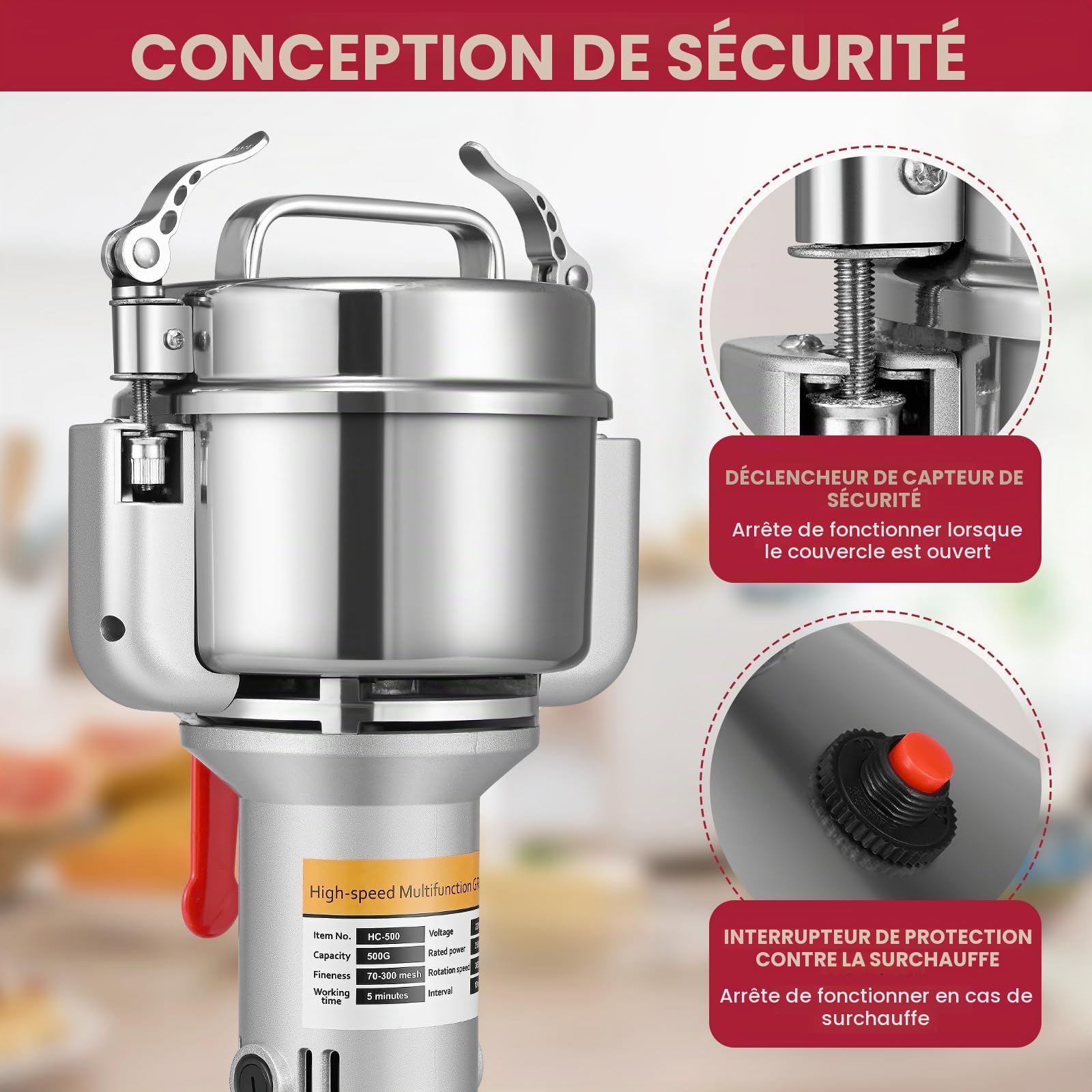 Moulin Céréales Grains électrique,500g Portable Grinder 220V Moulin à épices mit 3 Lames,pour céréales, herbes, épices, noix