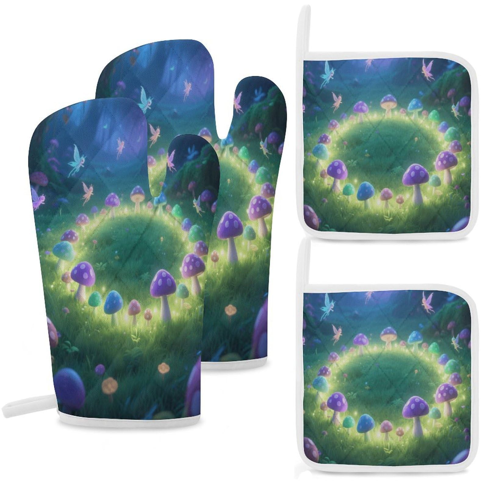Fekiloot Style Mysterious Grassland Oven Mitts And Pot Holders 4-Piece Set, Kitchen Oven Glove With Hanging Loop, Bbq Gloves For Cooking Baking Grilling
