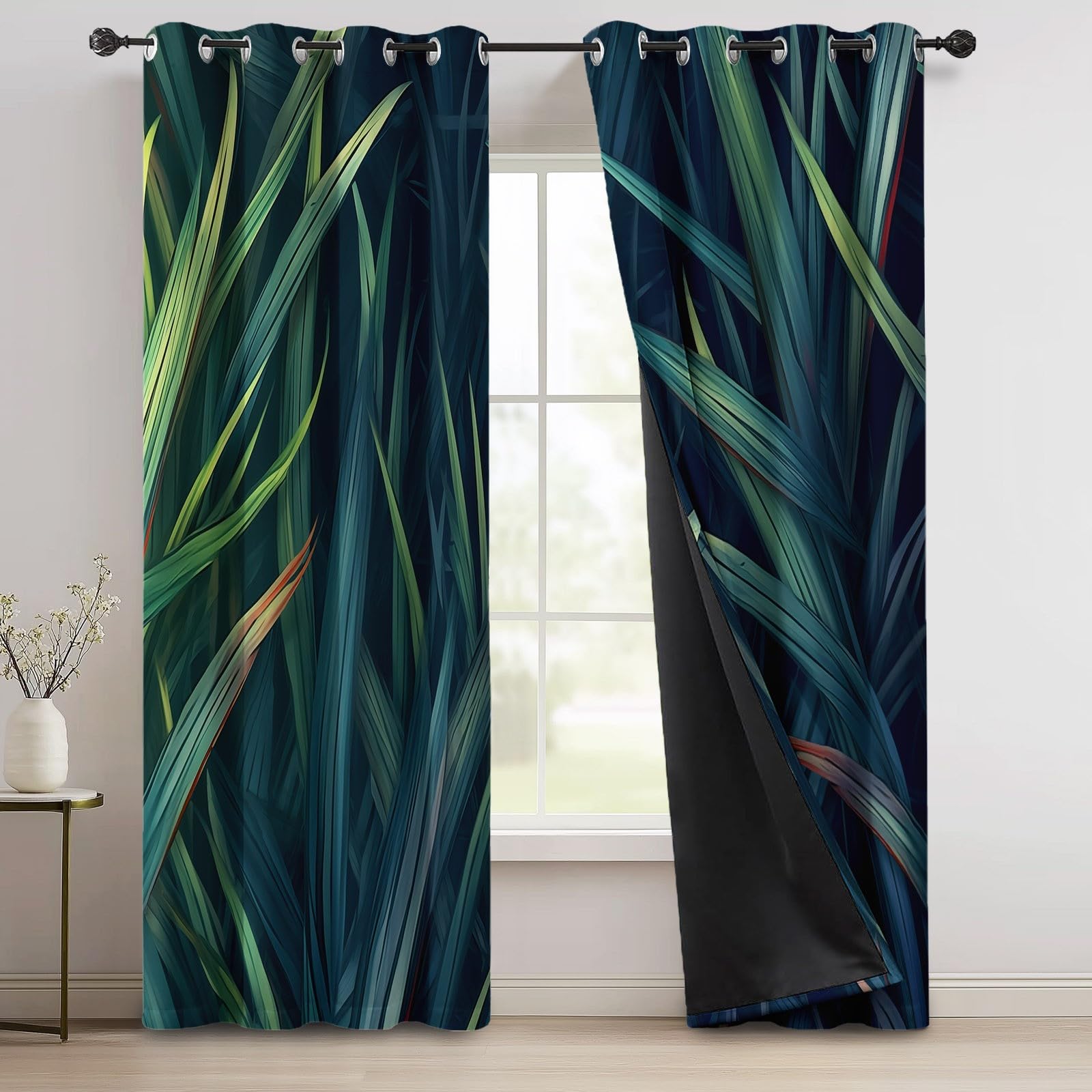 100% tropikalne liście palmowe zasłony zaciemniające niebiesko-zielone rośliny H 160 x B 140 cm (2 szt.) z metalowymi oczkami, redukcja światła, izolacja termiczna do sypialni lub salonu
