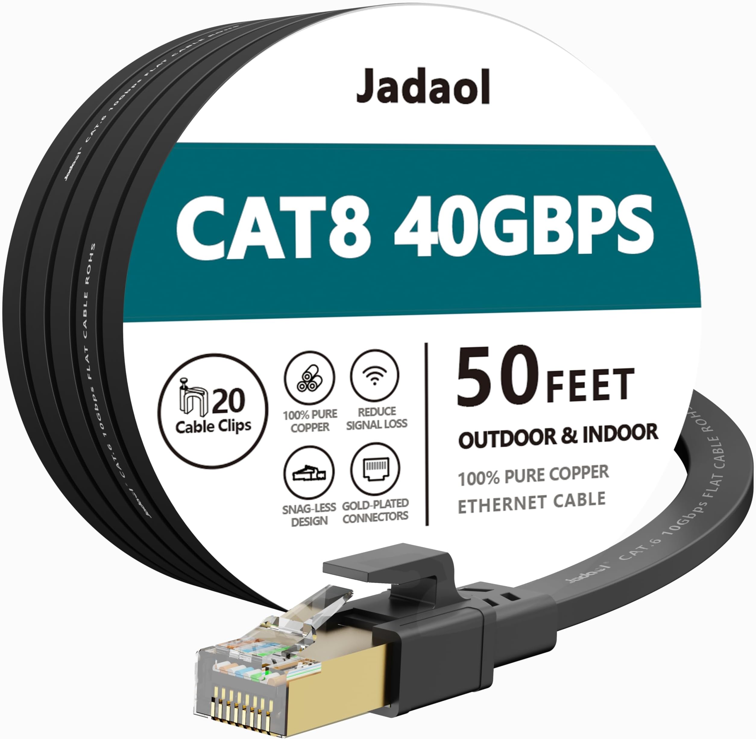 Cat8 Ethernet Cable, Outdoor&Indoor, 50 FT Heavy Duty High Speed Cat 8 LAN Network Cable, 40Gbps 2000MHz RJ45 Flat Internet Computer Patch Cord, Weatherproof S/FTP UV Resistant for Router/Modem/Gaming