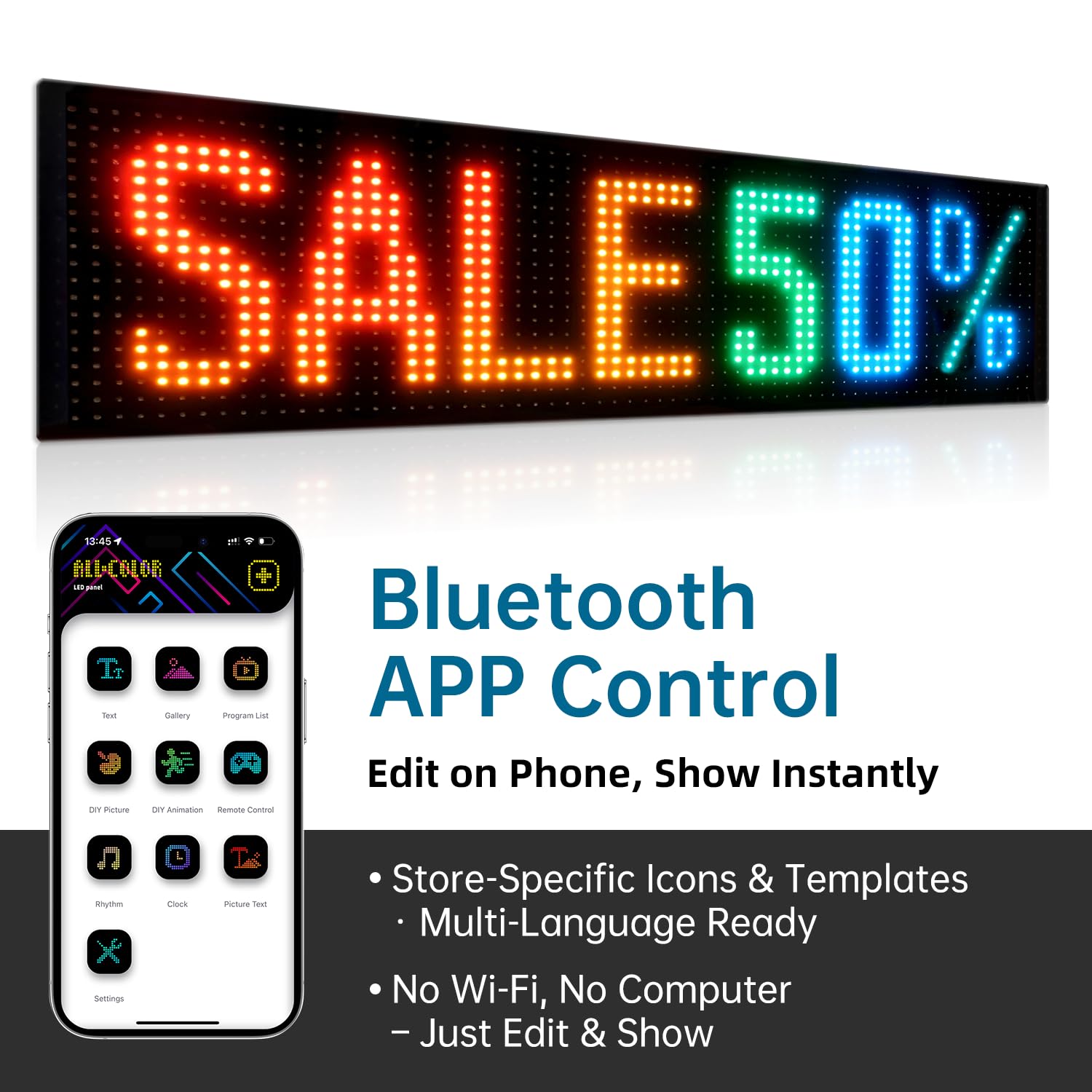 Señal LED programable de 52 x 8 pulgadas para escaparates, control de aplicación Bluetooth, adhesivo, alimentación por USB, pantalla publicitaria impermeable IP65