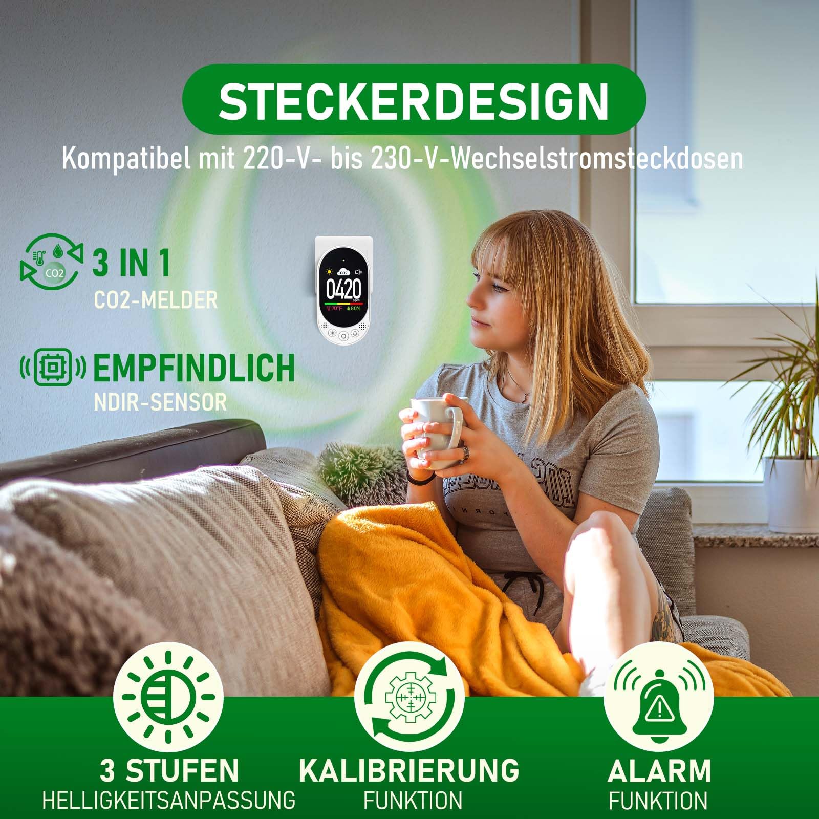 LSENLTY CO2-Messgerät 3-in-1 Temperatur Luftfeuchtigkeit CO2-Wert Alarmfunktion manuelle Kalibrierung