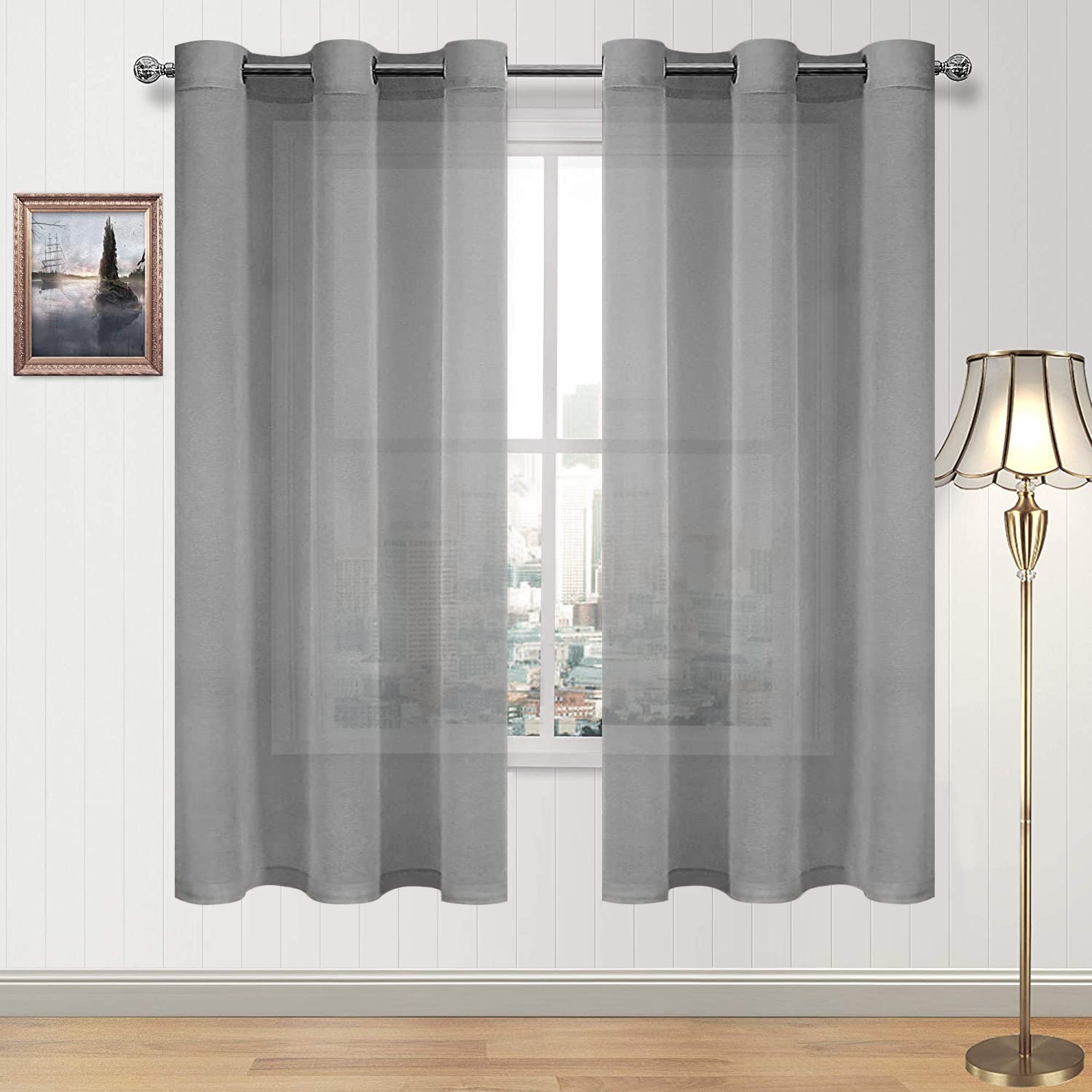 DWCN Grey Sheer Curtains for Living Room Bedroom - Faux Linen Look Voile Drapes Grommet Top Window Curtain Panel 42 x 63 Inch Length, Set of 2 Panels