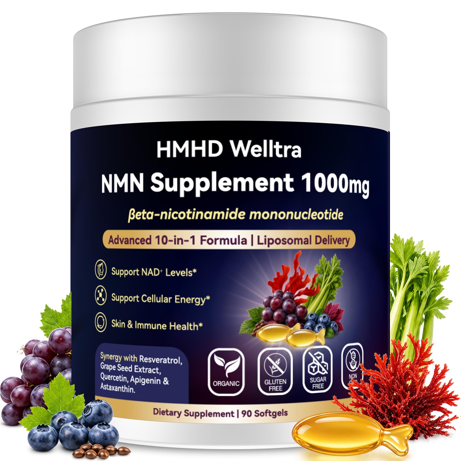HMHDWelltra Suplemento de NMN beta lipossomal com Quercetina, TMG, Extrato de semente de uva, Apigenina, Astaxantina, Glutationa, CoQ10, Vitamina C e Resveratrol, 1000 mg, 90 cápsulas gelatinosas