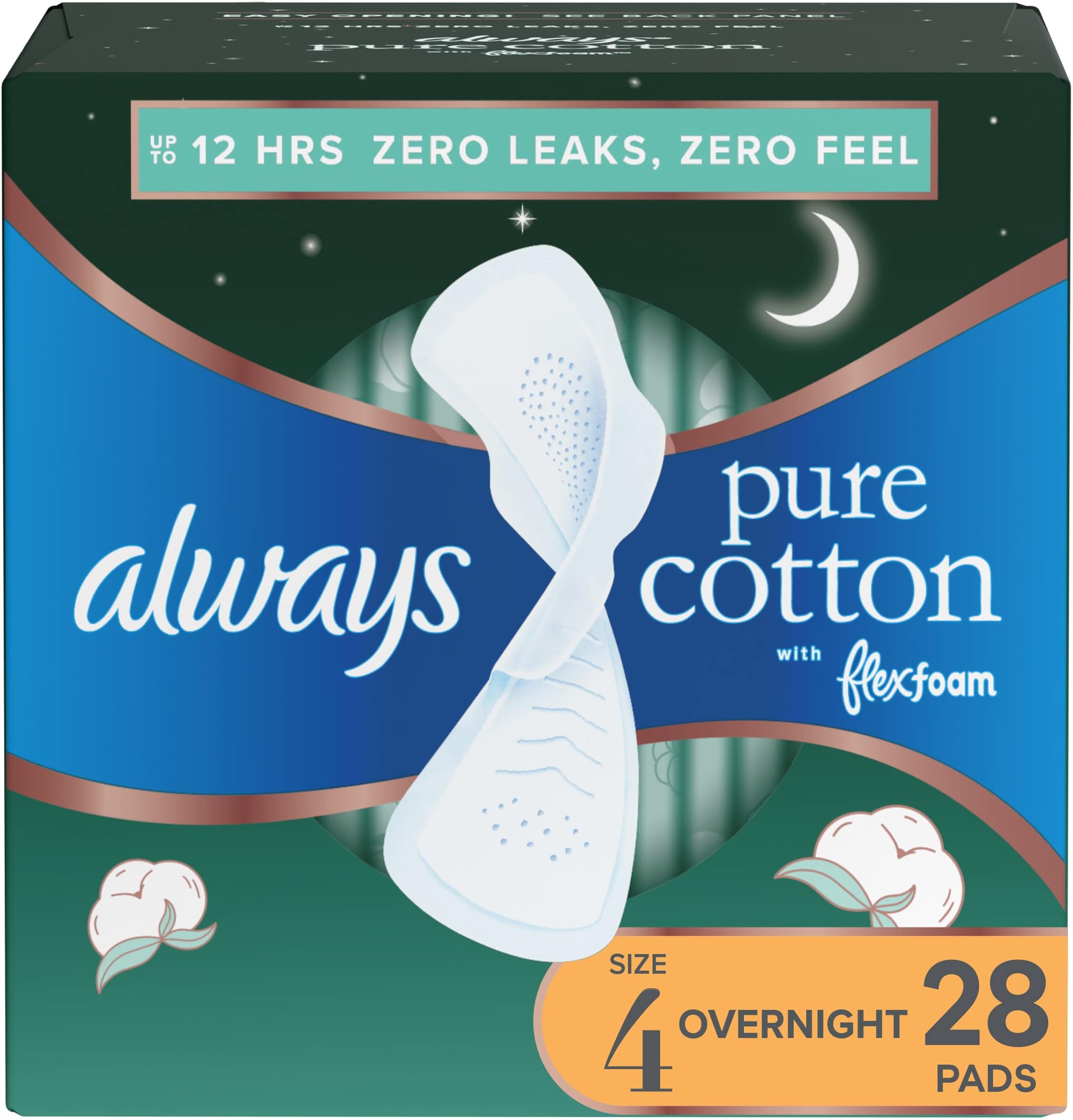 AlwaysPure Cotton Feminine Pads for Women, Size 4, with Wings, Unscented, 28 Count