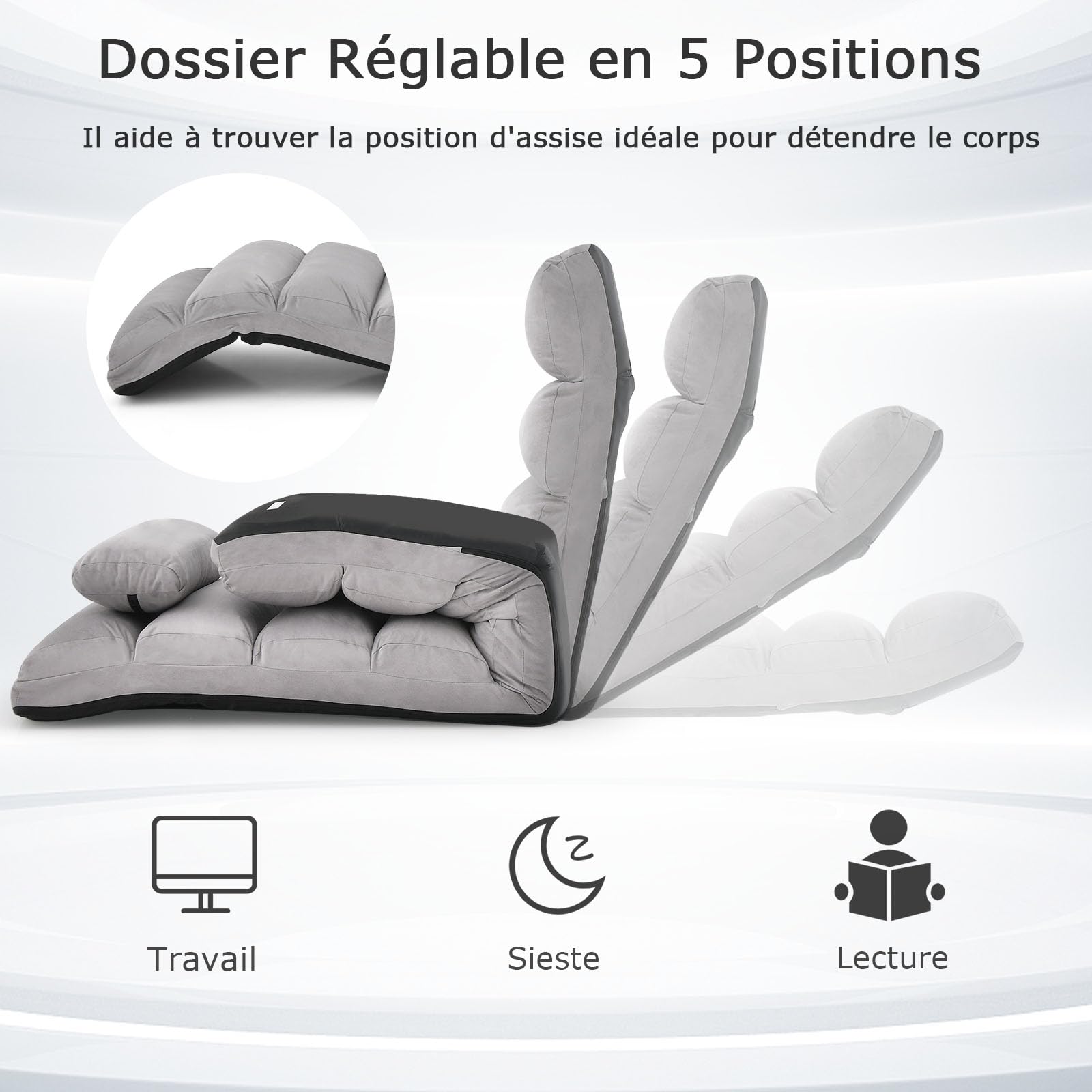 COSTWAY Fauteuil Relax Salon en Faux Daim Pliable, Réglable sur 5 Positions Chaise de Relaxation Rembourrée Fauteuil Sol pour Salon, Mobilier de Bureau, Chambre (Gris)