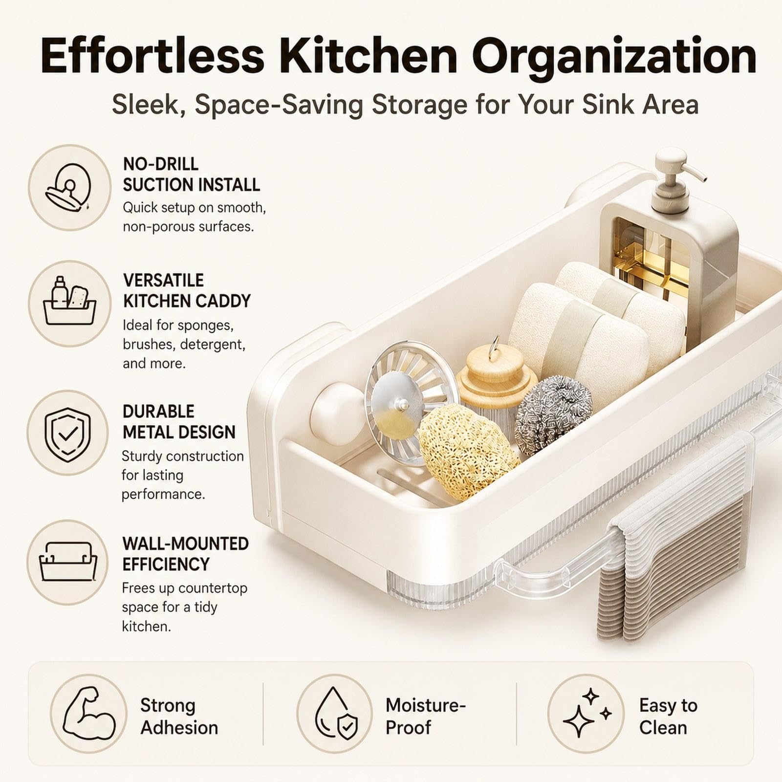 Porta Spugne a Ventosa, Organizer da Cucina, Dispenser per Lavastoviglie, Porta Spazzole, Porta Strofinacci, Scolapiatti, Bianco Crema