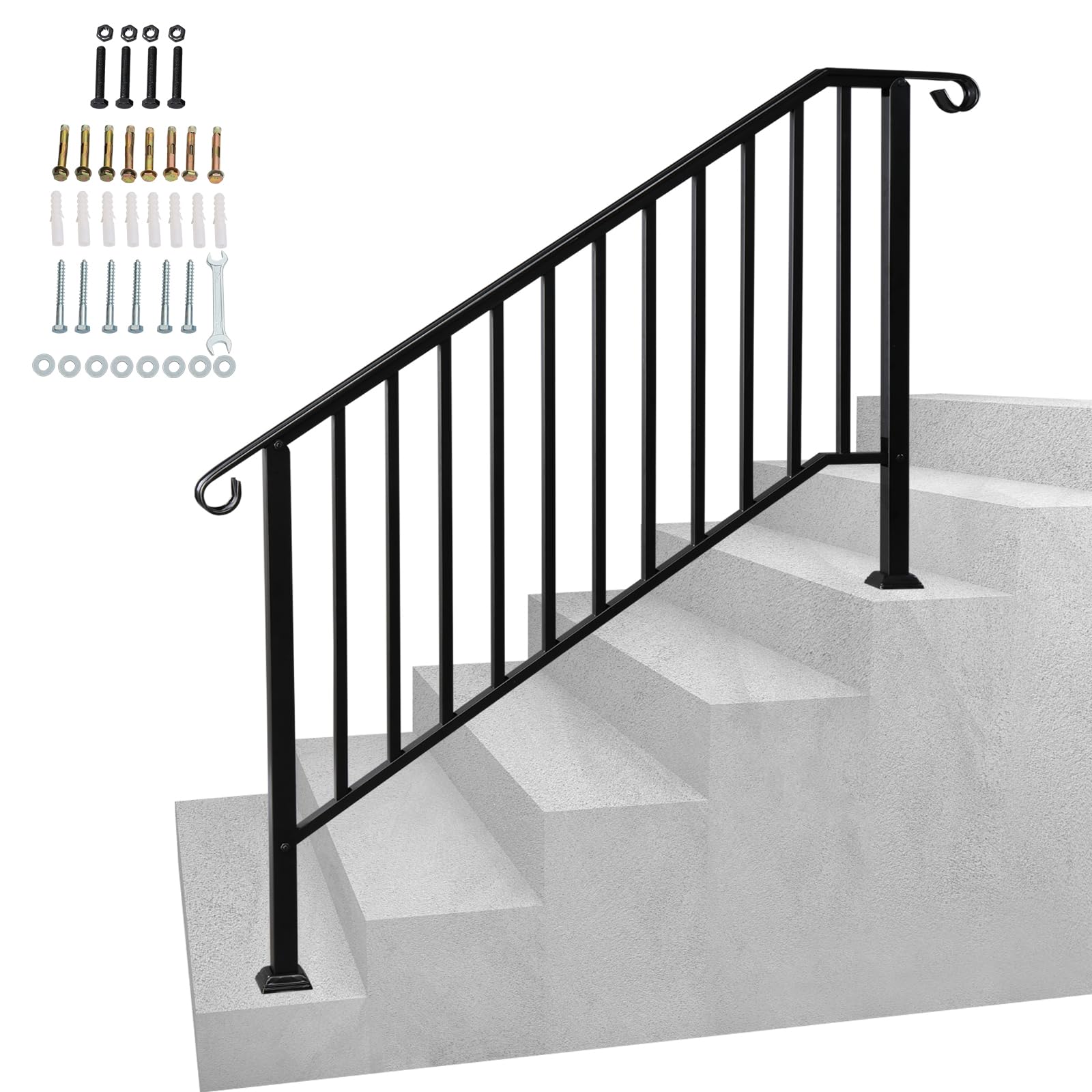 Outvita Handrails for Outdoor Steps, Black Wrought Iron Handrail Fits 4 or 5 Steps, Transitional Handrail with Installation Kit, Stair Railing for Concrete Steps or Wooden Stairs