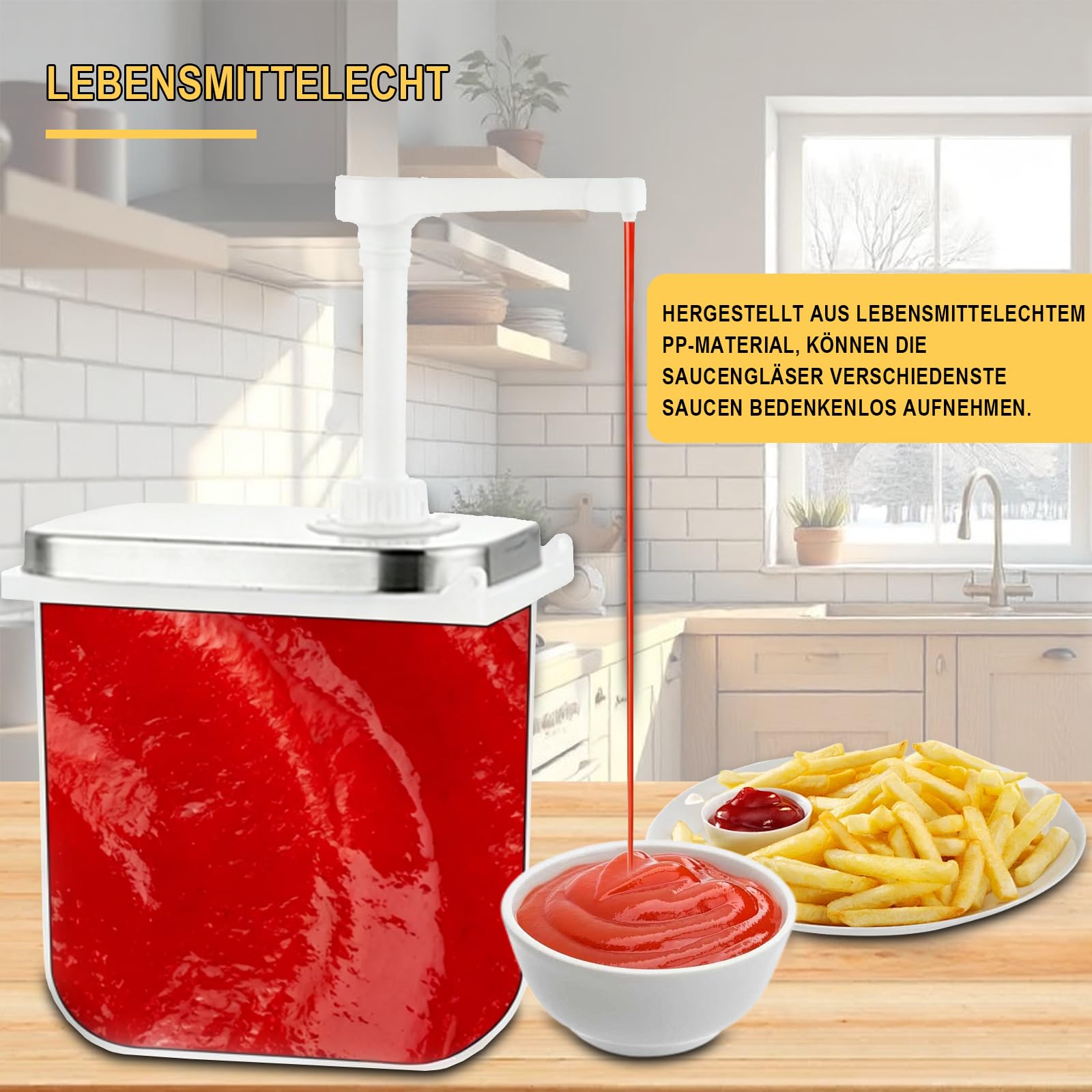 Distributore per ketchup da 5 l, con 2 pompe, 4 etichette, rimovibili, girevoli, in acciaio inox, per cucina e ristorante, ketchup, condimento per insalata, mayo, miele, salsa di soia e aceto