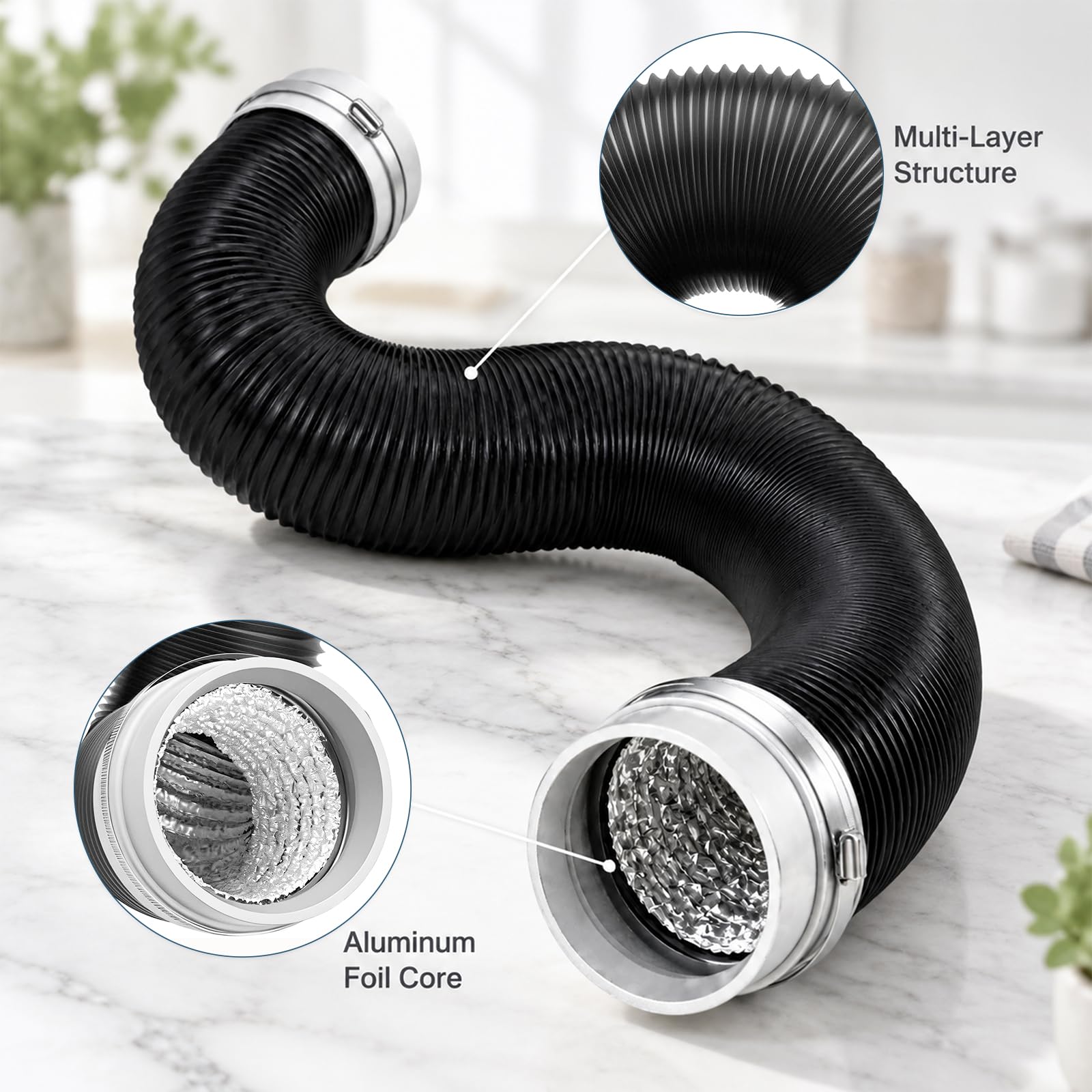 Tubo di scarico Ø 100 mm, tubo flessibile in alluminio con fascette