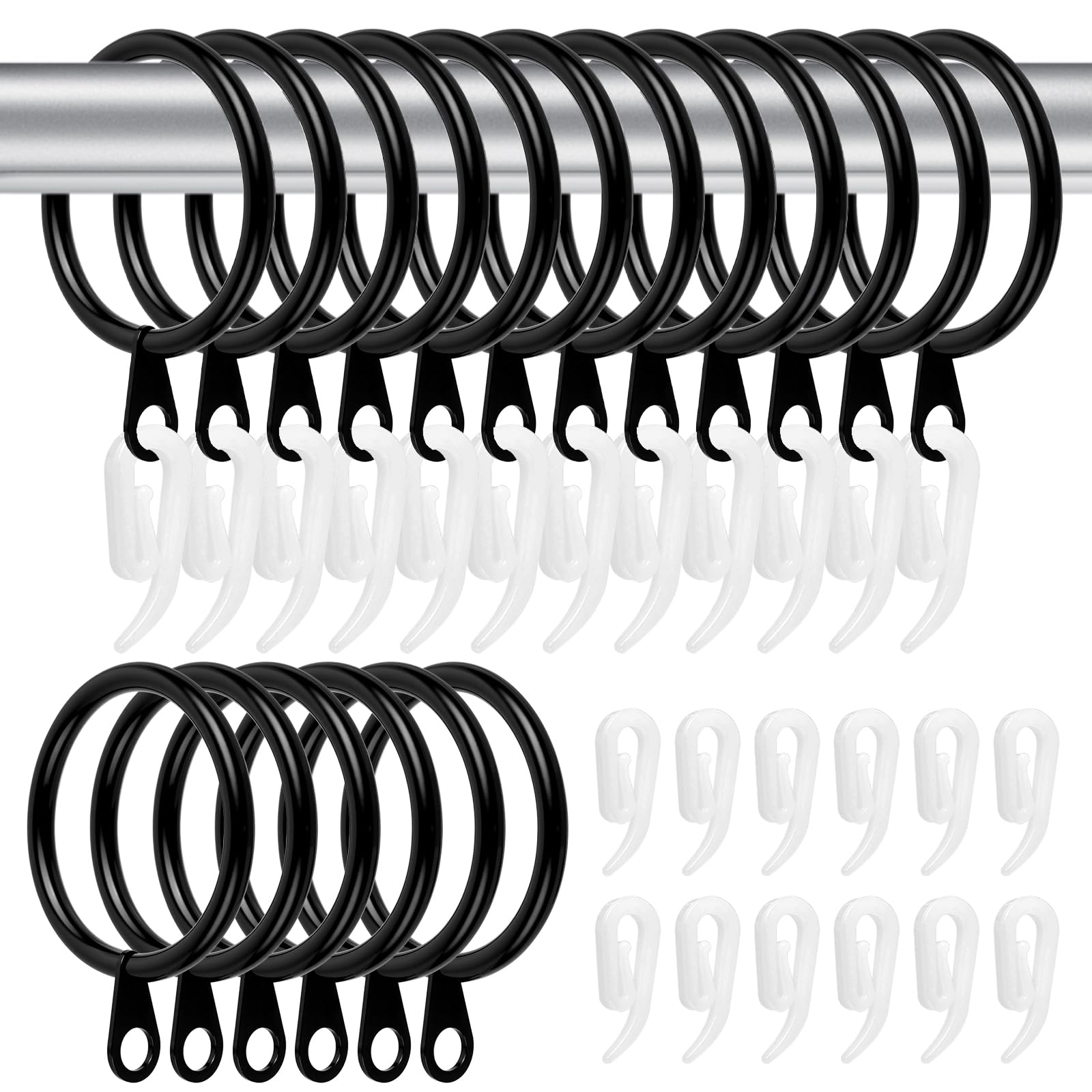 50 Pack Curtain Rings and Hooks, 38mm Metal Drapery Hanging Rings & 50pcs Curtain Hooks Plastic White for Curtains and Rods, Drape Sliding Eyelet Rings(Black, 50 Pack)