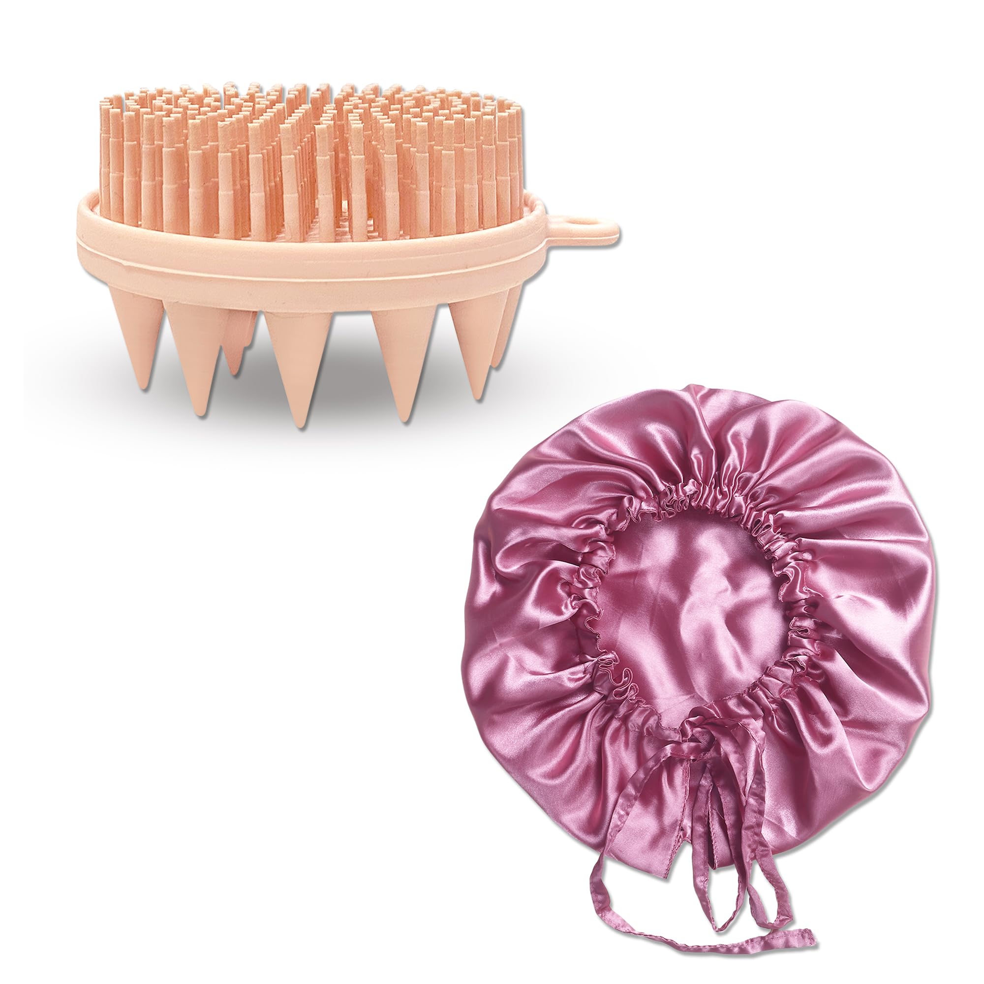 GLUN® 2 in 1 Bath Brush & Hair Bonnet Cap Combo, Prevents From Breakage Pink Satin Cloth for Curly & Natural Hair Type with 2in1 Exfoliating Body Brush & Bonnet Hat-image-47