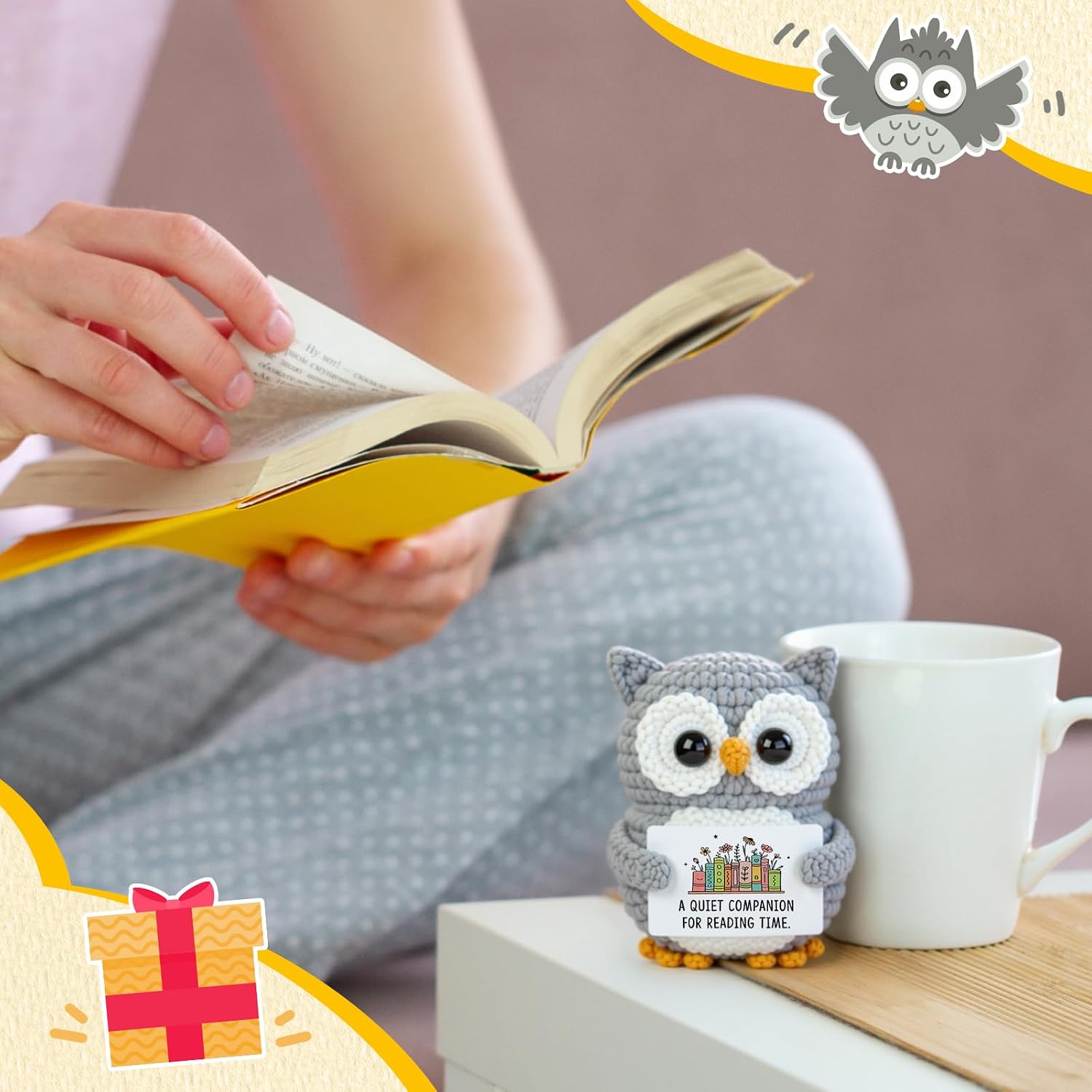 Qallicon Book Lovers Gifts for Women Men, Bookish Gifts for Readers, Crochet Owl Gift Reading Time Decor - Bookish Bookworm Gift for Girls on Christmas Birthday