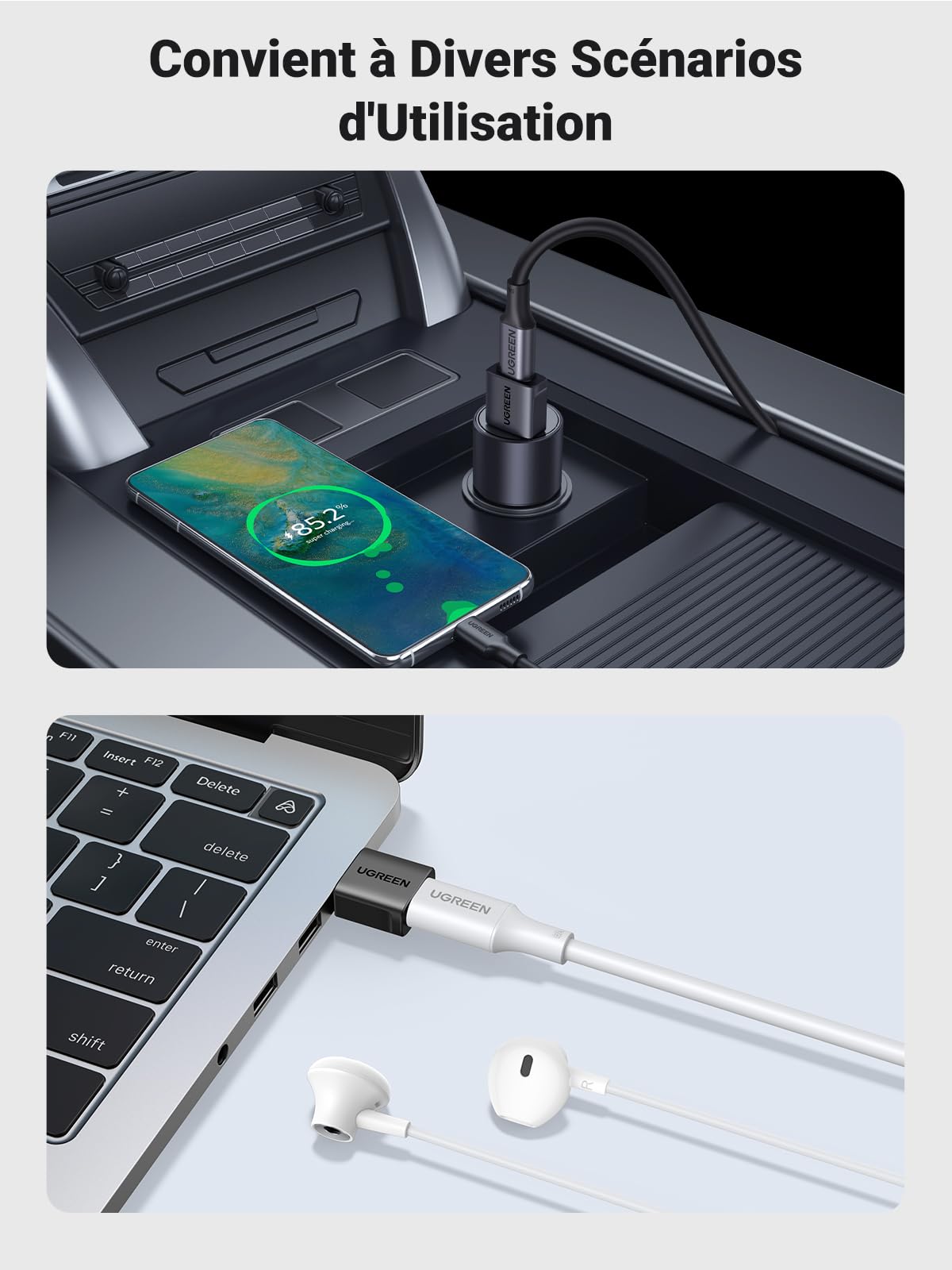 UGREEN Adaptateur USB vers Type C 3.2 10Gbps Lot de 2 Charge Rapide Compatible iPhone 14 13 MacBook iPad Galaxy S24