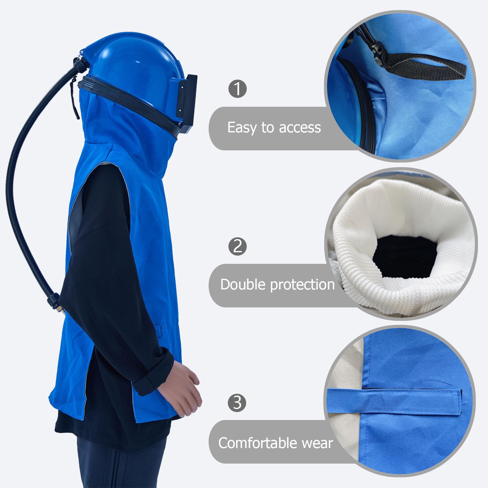 Capucha profesional azul para chorro de arena, 1 lente reemplazable, casco de chorro de arena a prueba de polvo, se adapta a trajes de protección. Ideal para chorro de arena, pulverización