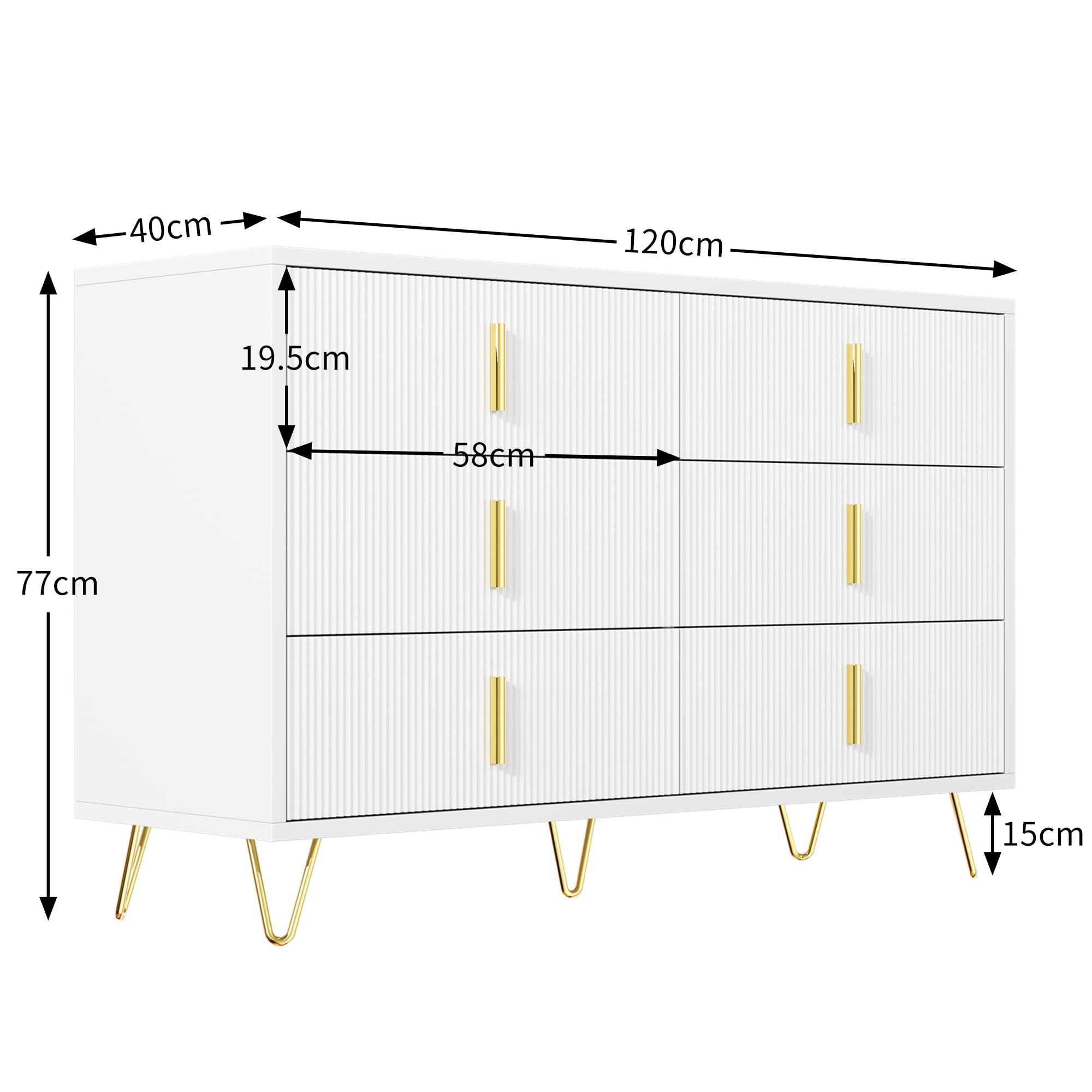 Elegante credenza dal design moderno, cassettiera e molto spazio, maniglie dorate (bianco+oro)