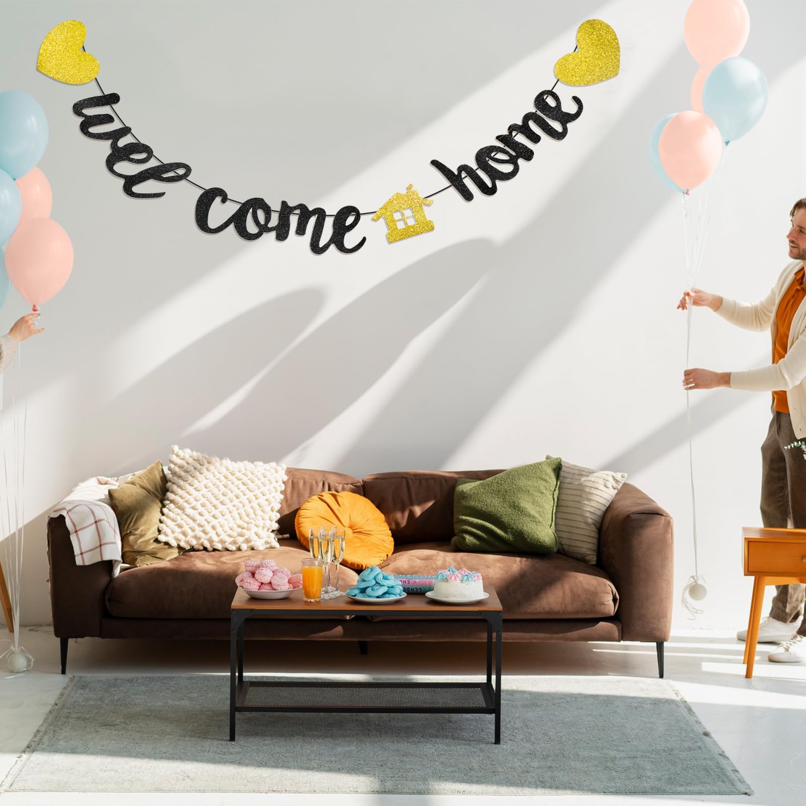 Willkommensbanner 'Welcome Back Home' Mit Schwarzem Glitzer, Für Partys & Familienfeiern