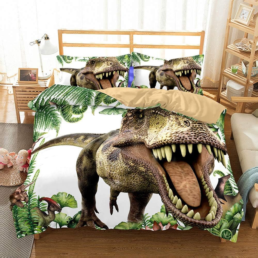 Dinosaur Duvet Cover Sets Jurassic Tyrannosaurus Rex Kids Double Size Bedding Set 3 Pcs Ultra Soft Microfiber Quilt Cover, 1 x Double Size Duvet Cover + 2 x Pillowcases