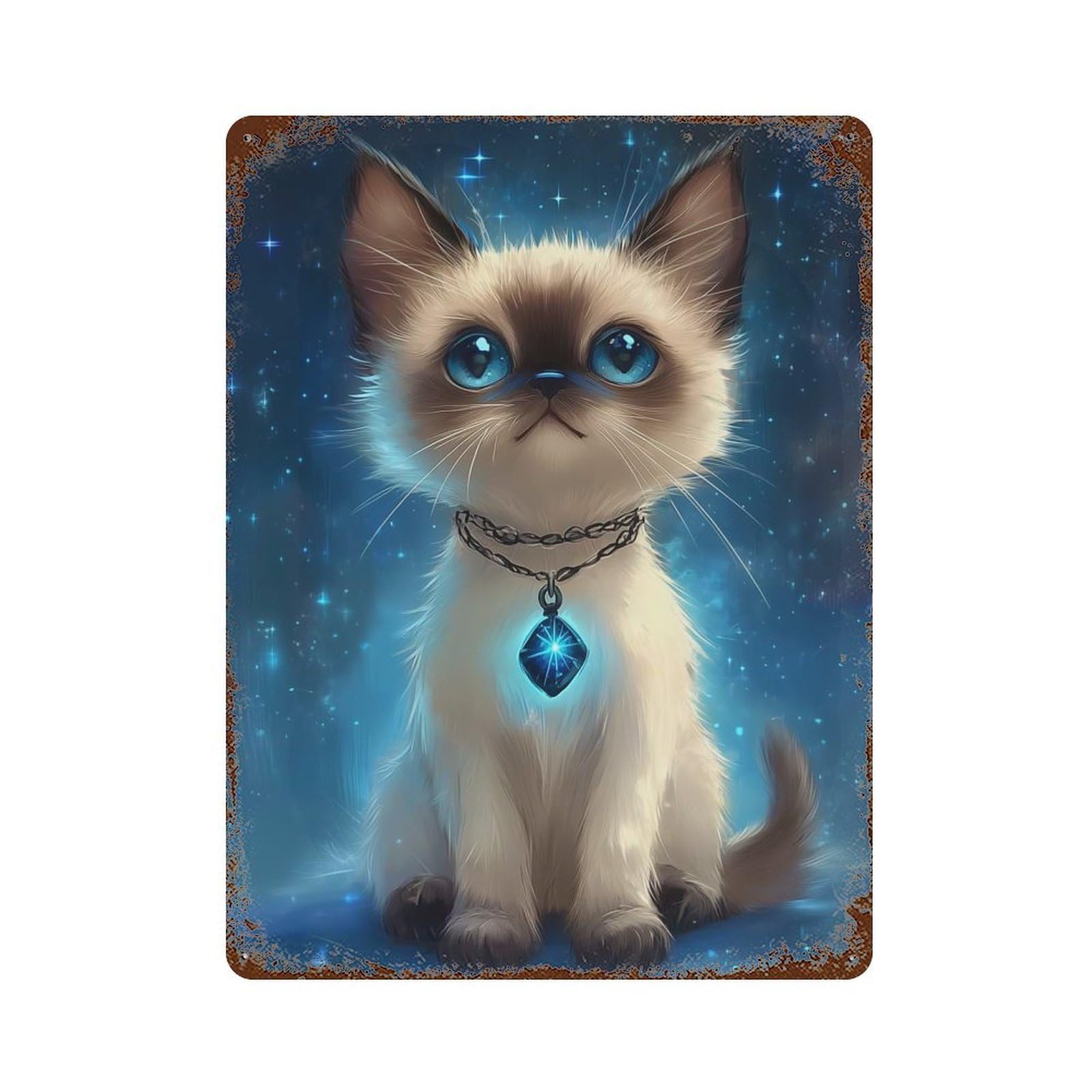 Rusty Metal Tin Sign with Birman Cat with Starry Necklace Design 15.7"x11.8", for Shed, Workshop And Garage Wall Decor, Classic Wall Plaque