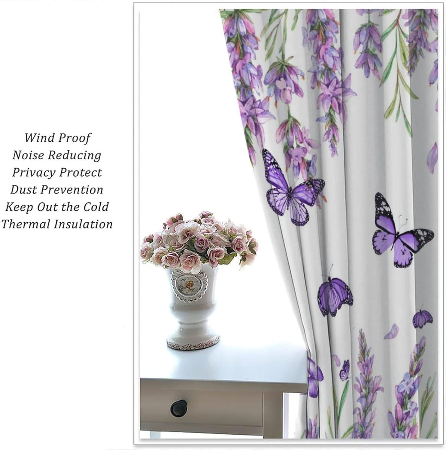 Lavender Curtains, Rustic Lavender Purple Floral Butterfly Green Leaf Blackout Window Treatments, Rod Pocket Thermal Insulated Drapes 2 Panel Sets for Bedroom Living Room, 42" W X 45" L